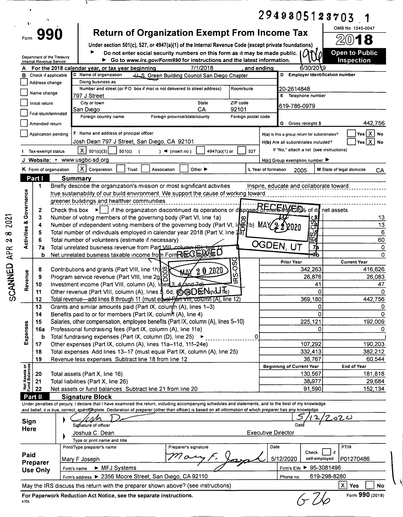 Image of first page of 2018 Form 990 for San Diego Green Building Council