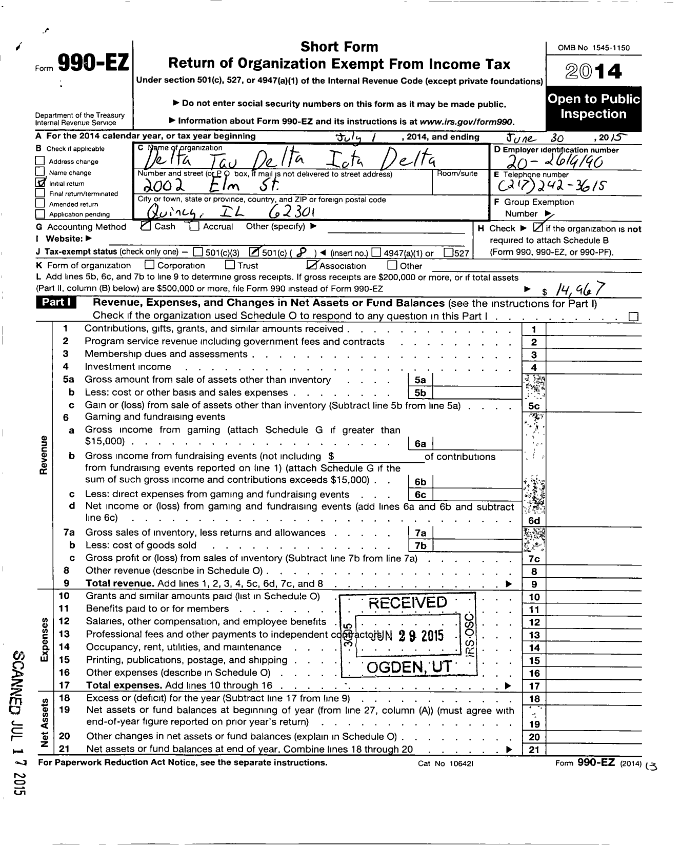 Image of first page of 2014 Form 990EO for Delta Tau Delta Fraternity