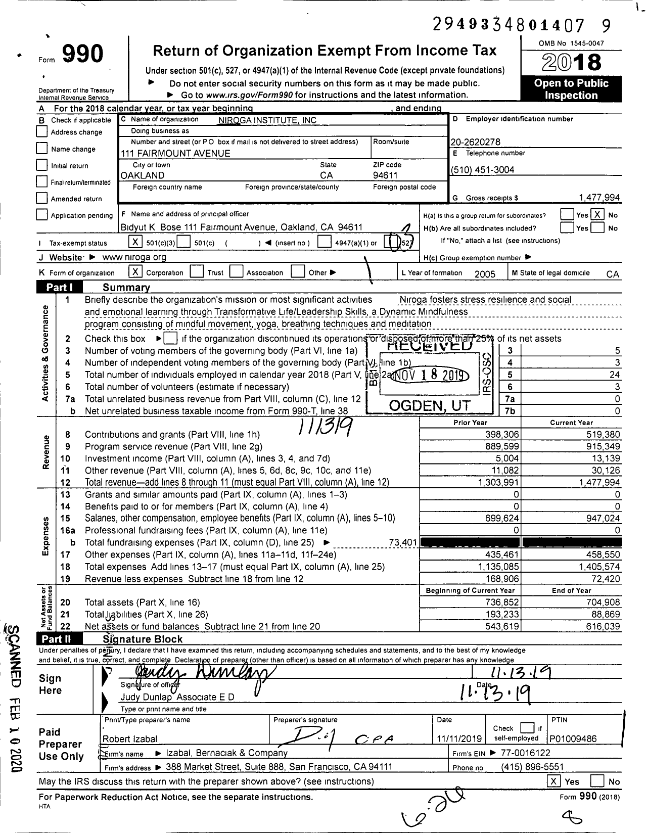 Image of first page of 2018 Form 990 for Niroga Institute