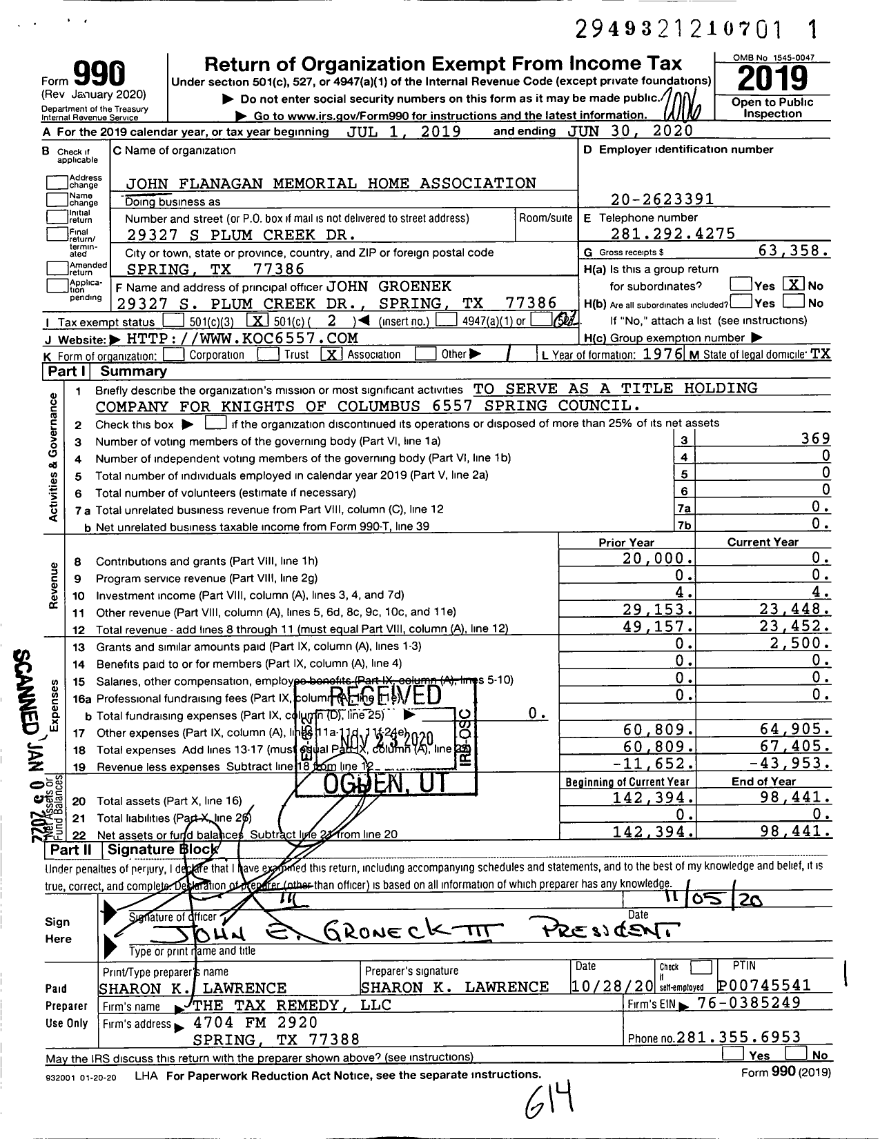 Image of first page of 2019 Form 990O for The John Flanagan Memorial Home Association