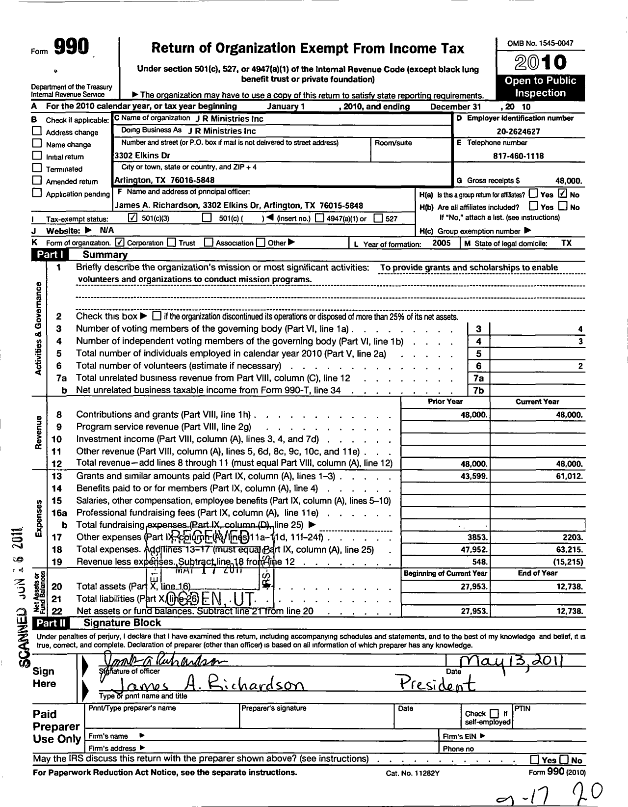 Image of first page of 2010 Form 990 for J R Ministries