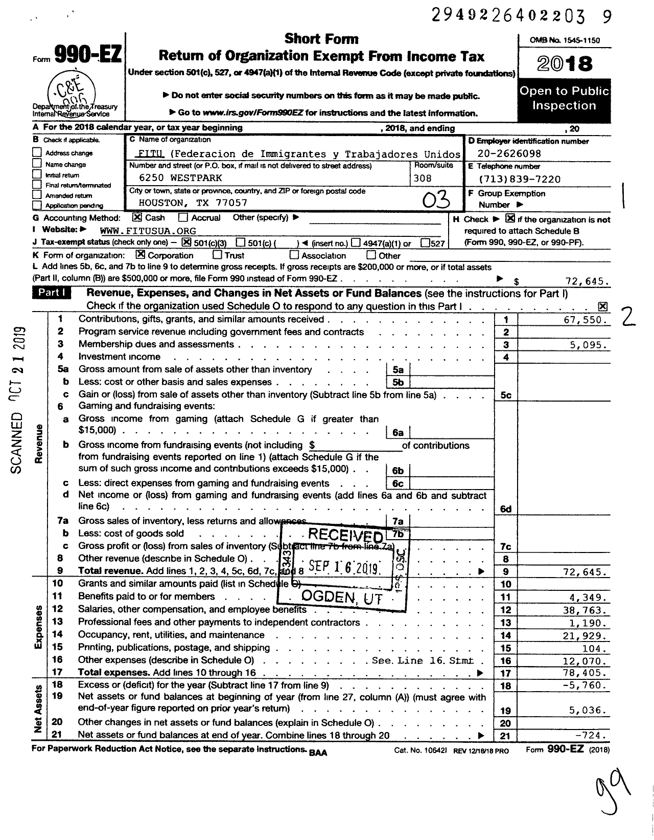 Image of first page of 2018 Form 990EZ for FITU (Federacion de Immigrantes y Trabajadores Unidos