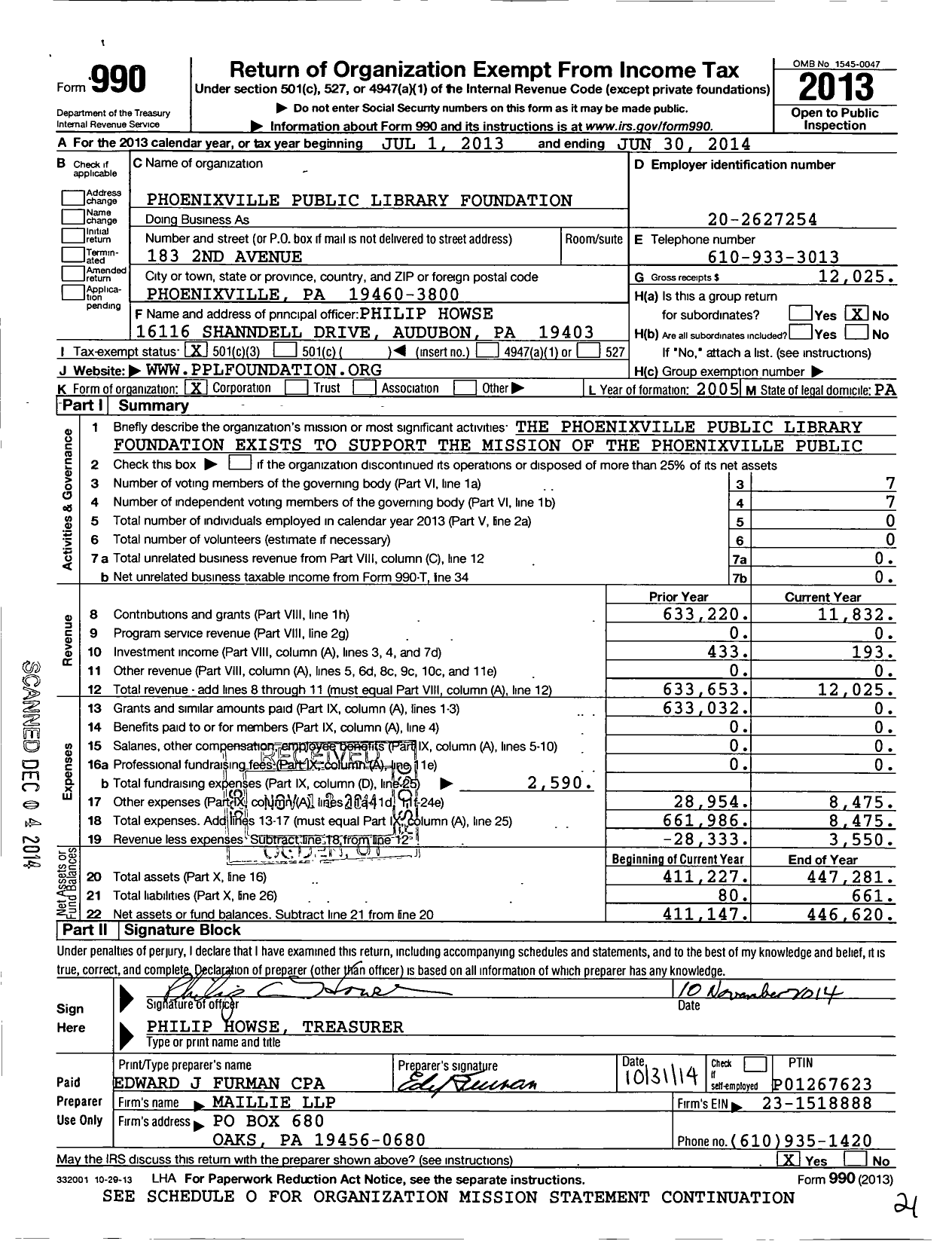 Image of first page of 2013 Form 990 for Phoenixville Public Library Foundation