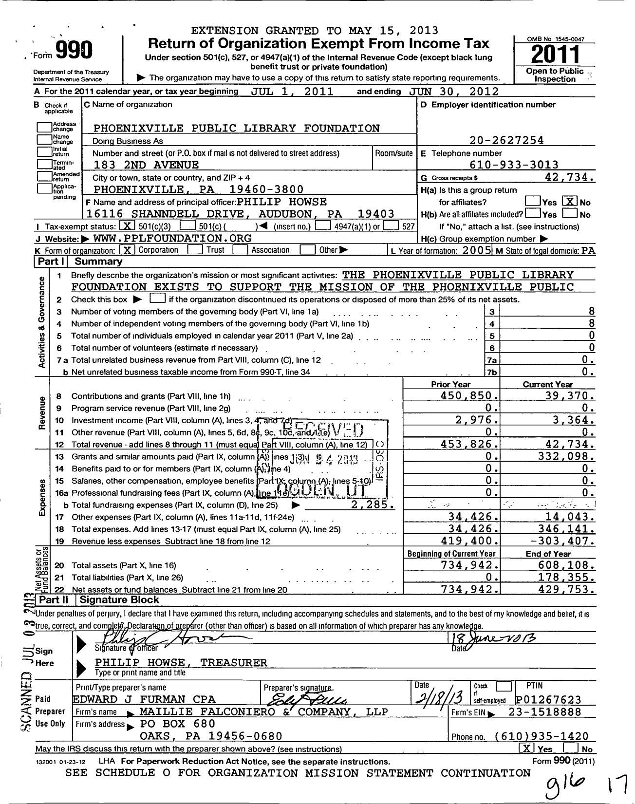 Image of first page of 2011 Form 990 for Phoenixville Public Library Foundation