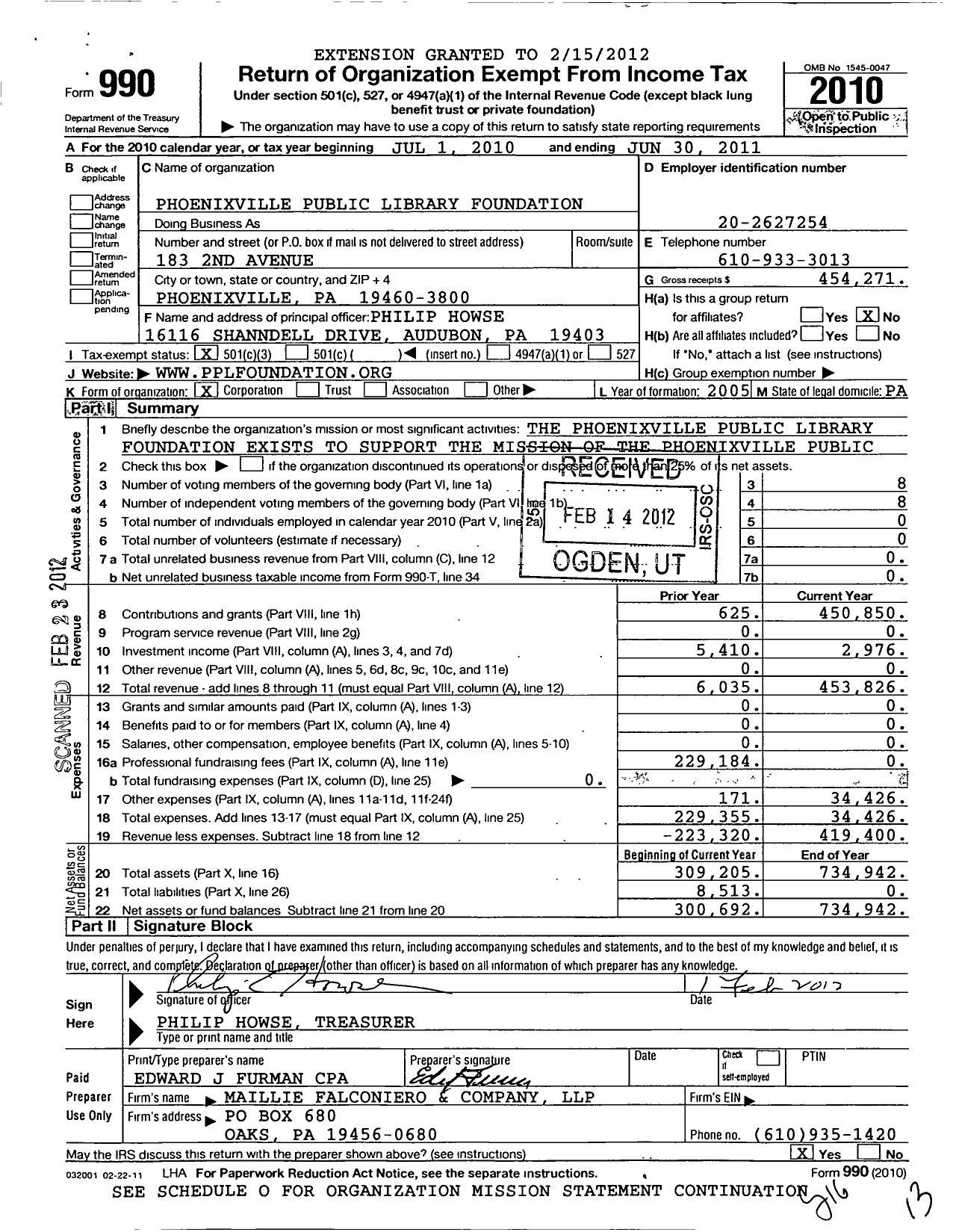 Image of first page of 2010 Form 990 for Phoenixville Public Library Foundation