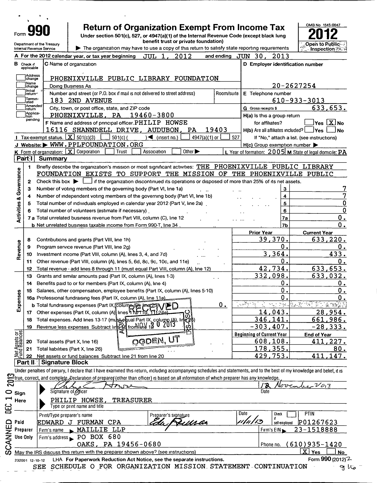 Image of first page of 2012 Form 990 for Phoenixville Public Library Foundation