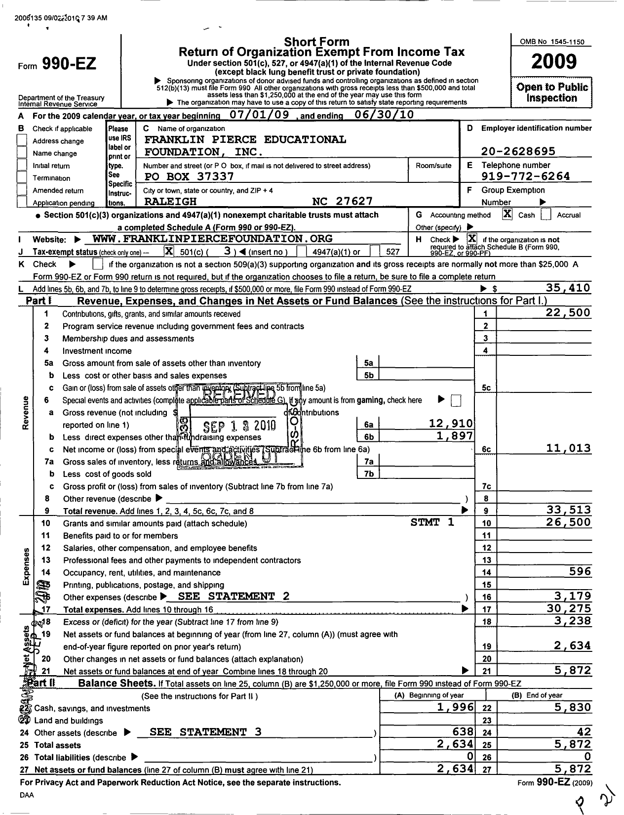 Image of first page of 2009 Form 990EZ for Franklin Pierce Educational Foundation