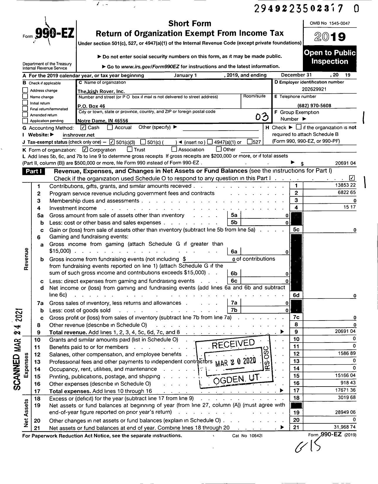 Image of first page of 2019 Form 990EZ for Irish Rover Incorporated