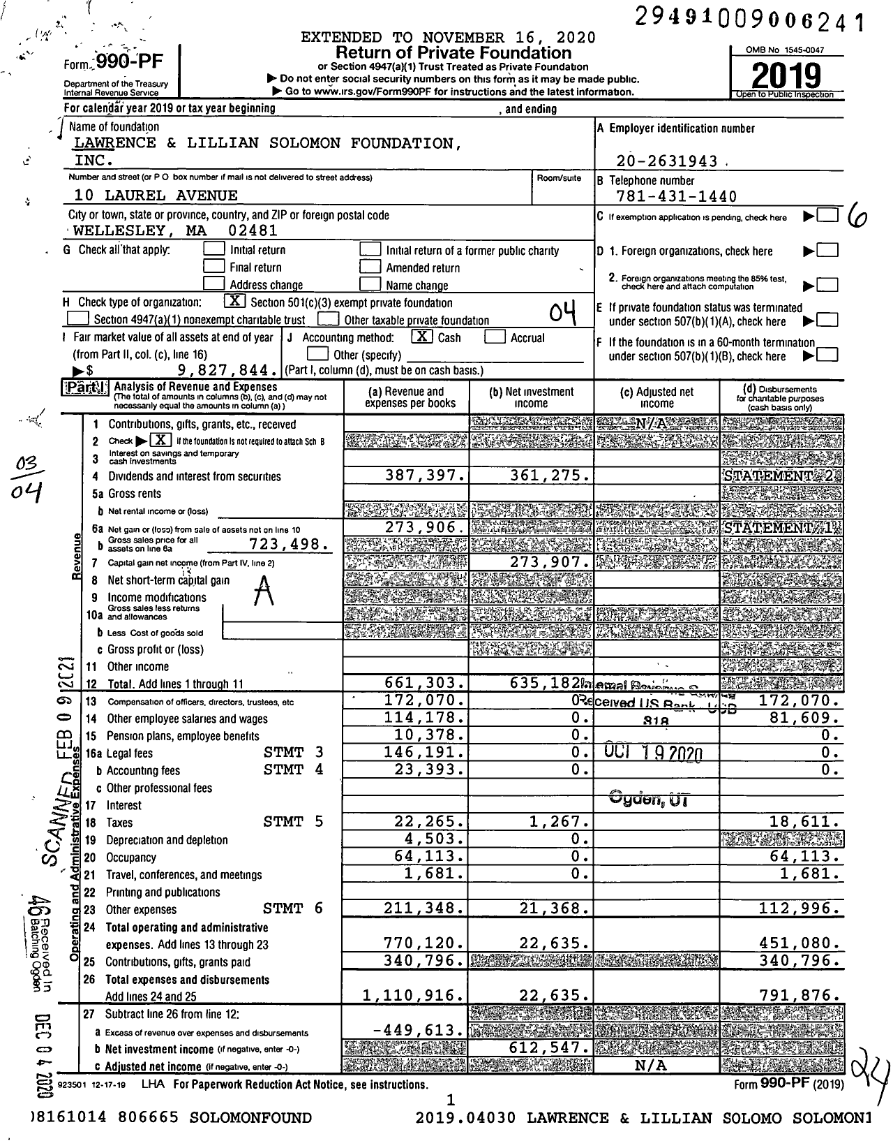 Image of first page of 2019 Form 990PF for Lawrence and Lillian Solomon Foundation