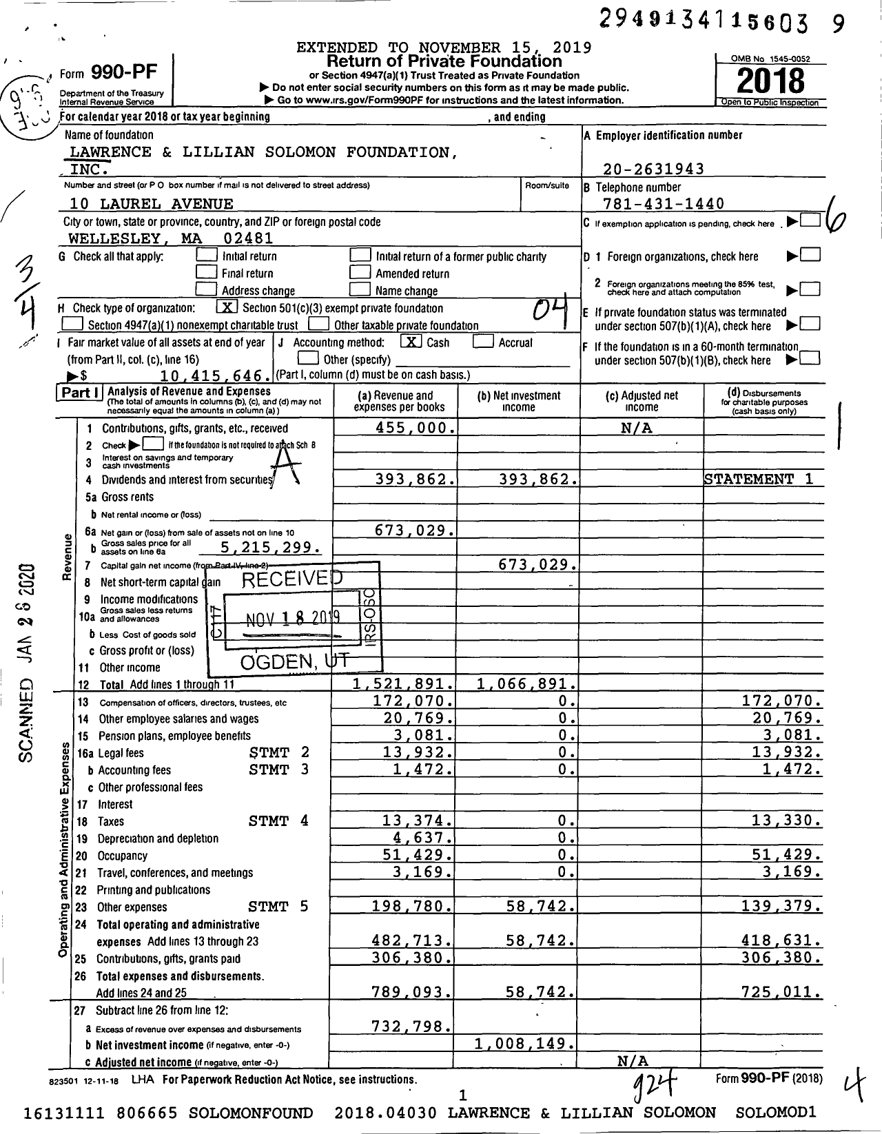 Image of first page of 2018 Form 990PF for Lawrence and Lillian Solomon Foundation