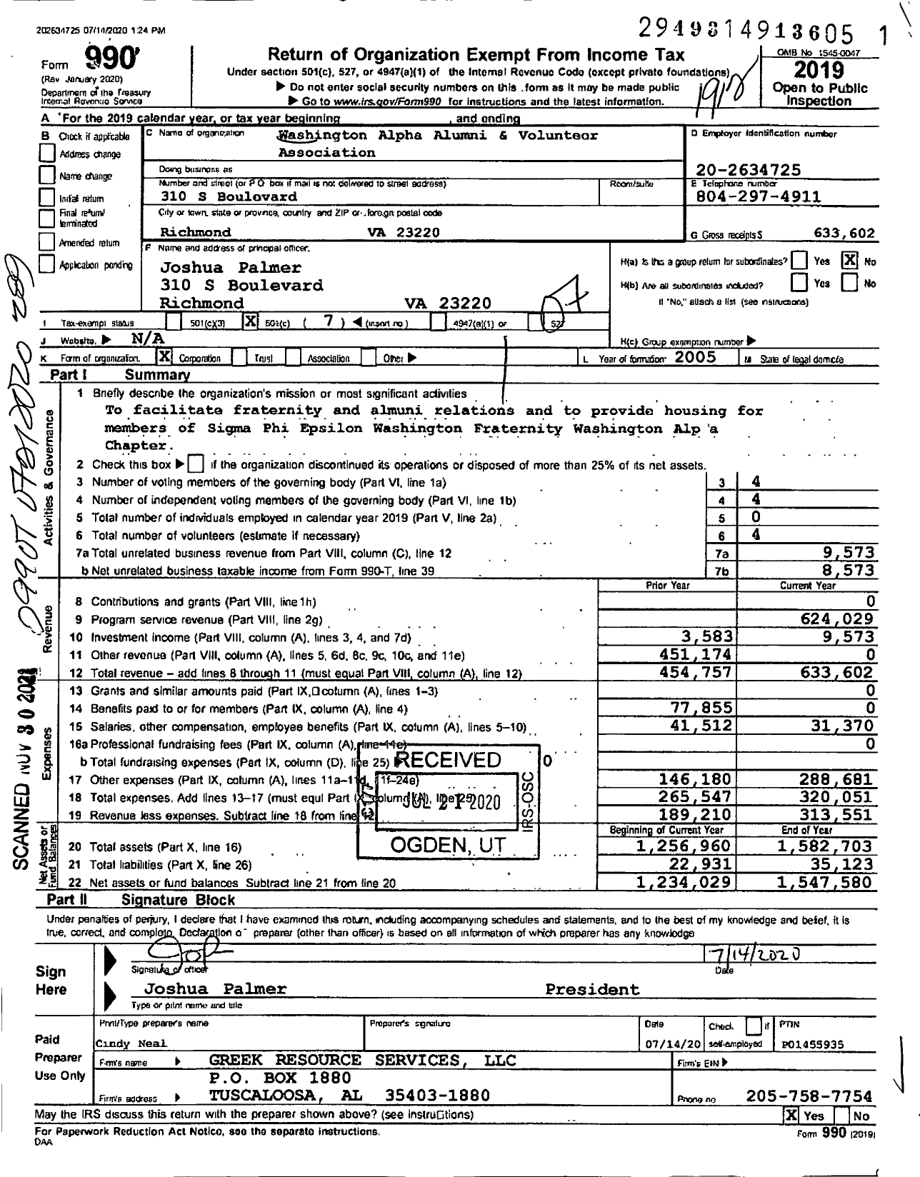 Image of first page of 2019 Form 990O for Washington Alpha Alumni and Voulnteer Association