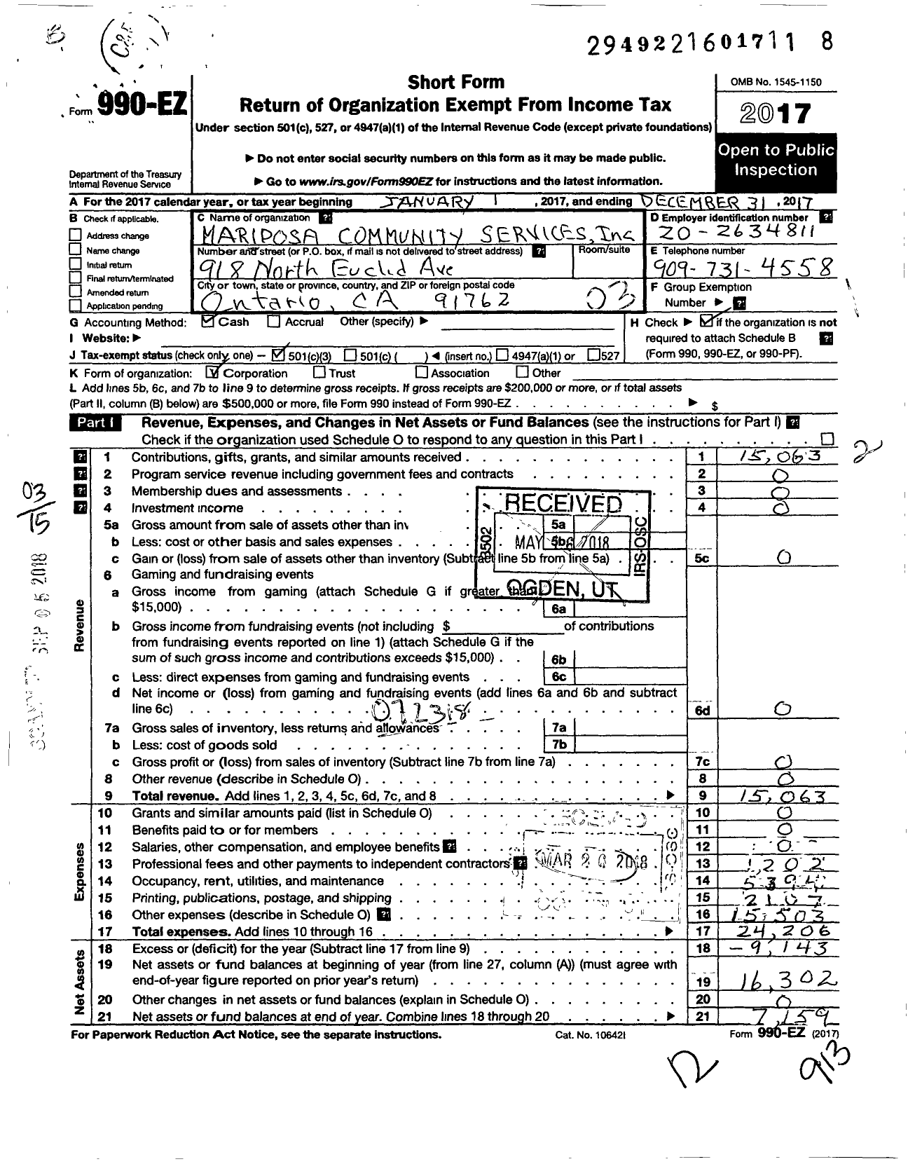 Image of first page of 2017 Form 990EZ for Mariposa Community Services