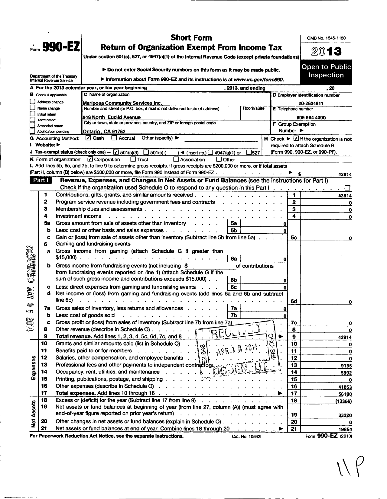 Image of first page of 2013 Form 990EZ for Mariposa Community Services