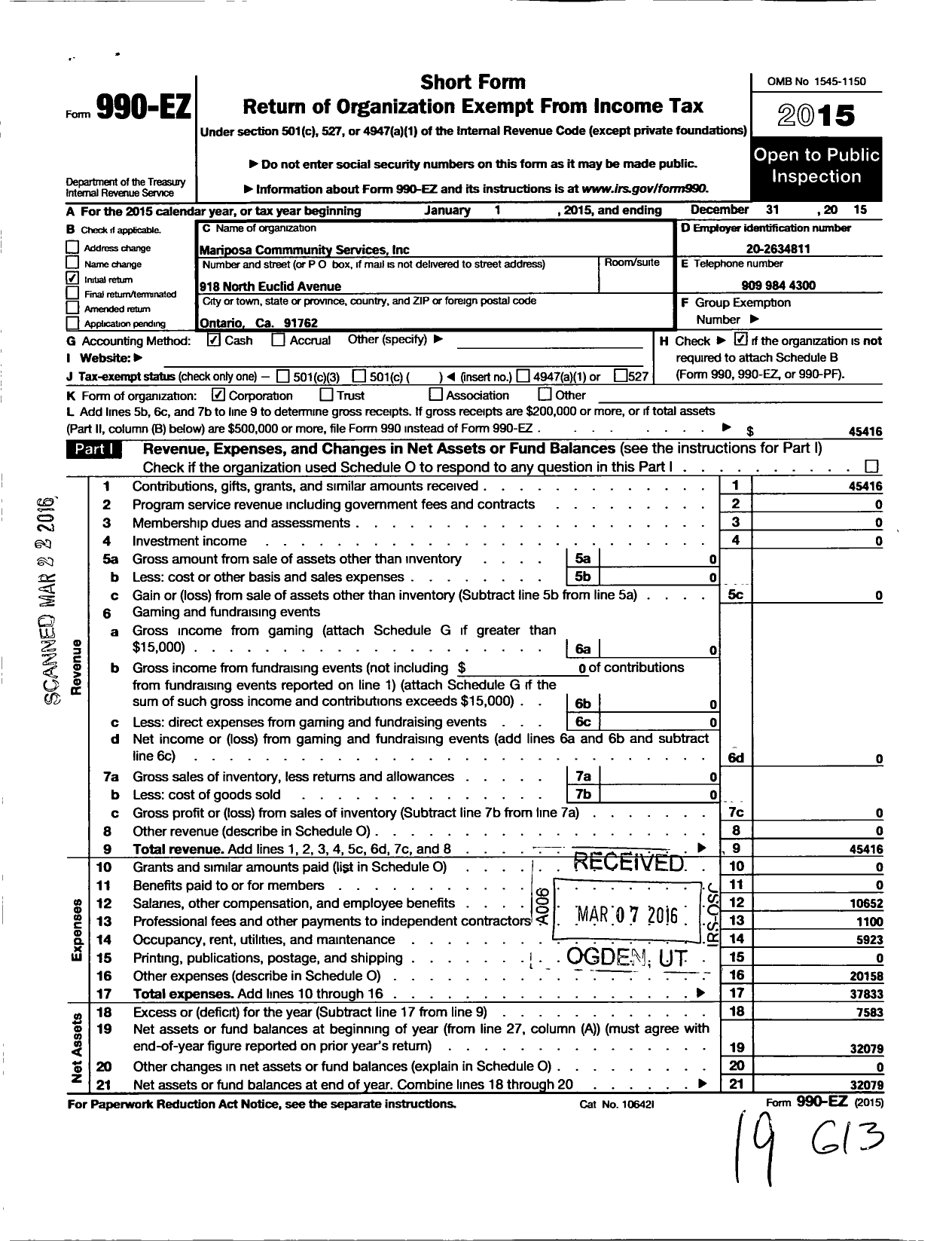 Image of first page of 2015 Form 990EO for Mariposa Community Services