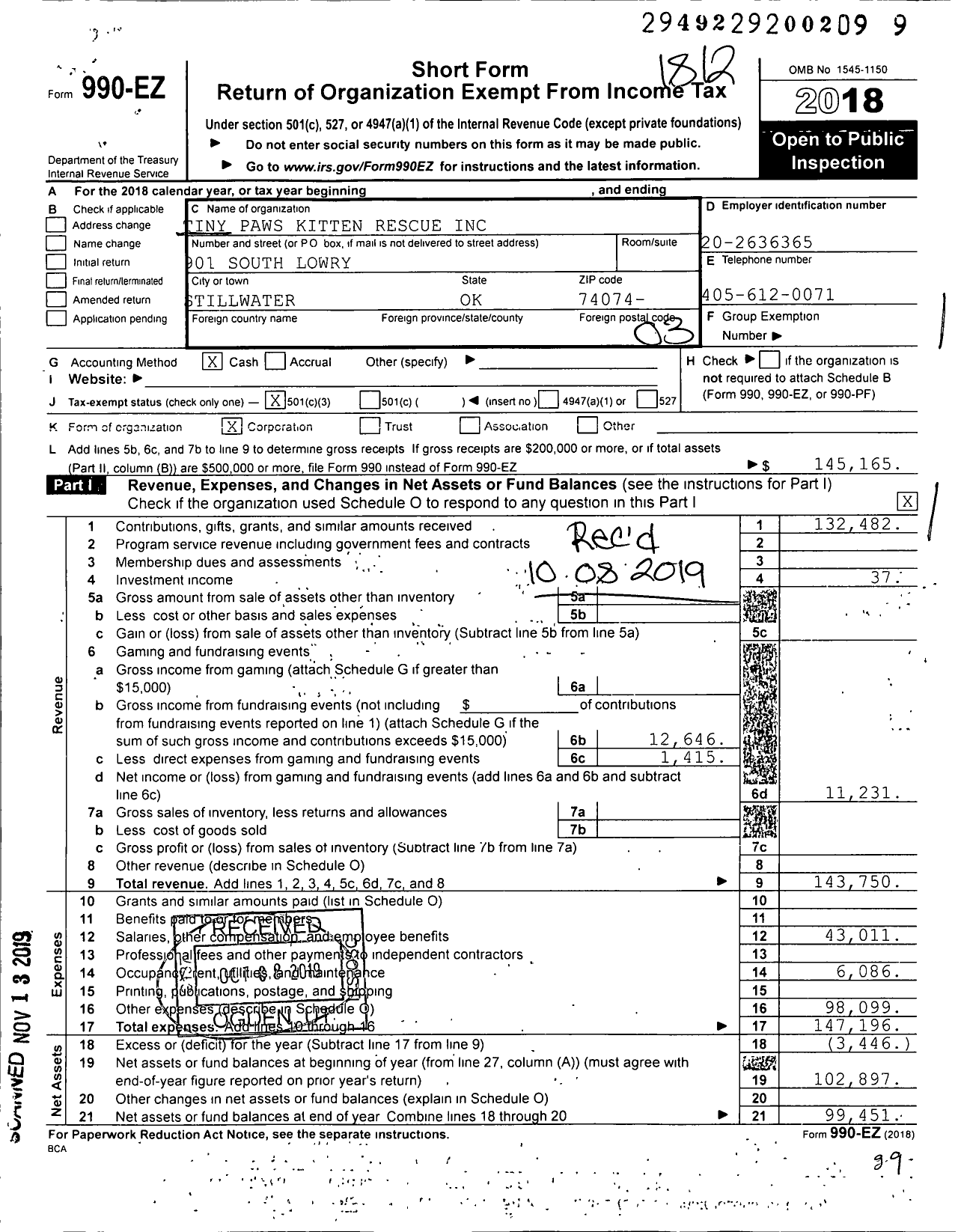 Image of first page of 2018 Form 990EZ for Tiny Paws Kitten Rescue