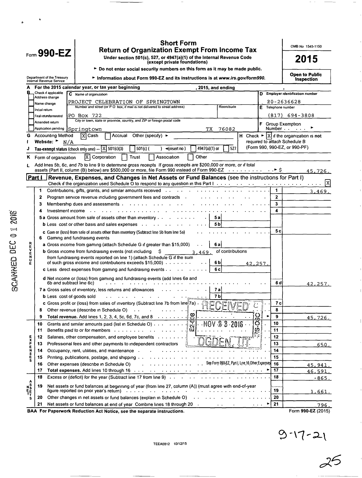 Image of first page of 2015 Form 990EZ for Project Celebration of Springtown