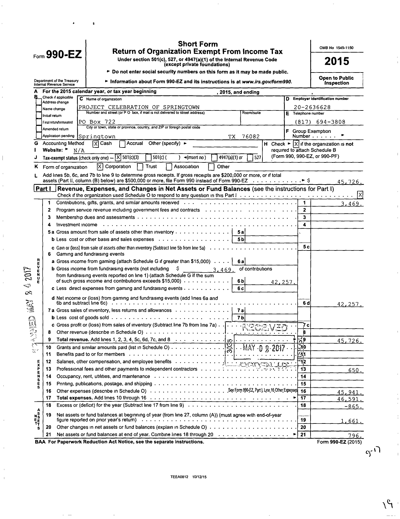 Image of first page of 2015 Form 990EZ for Project Celebration of Springtown