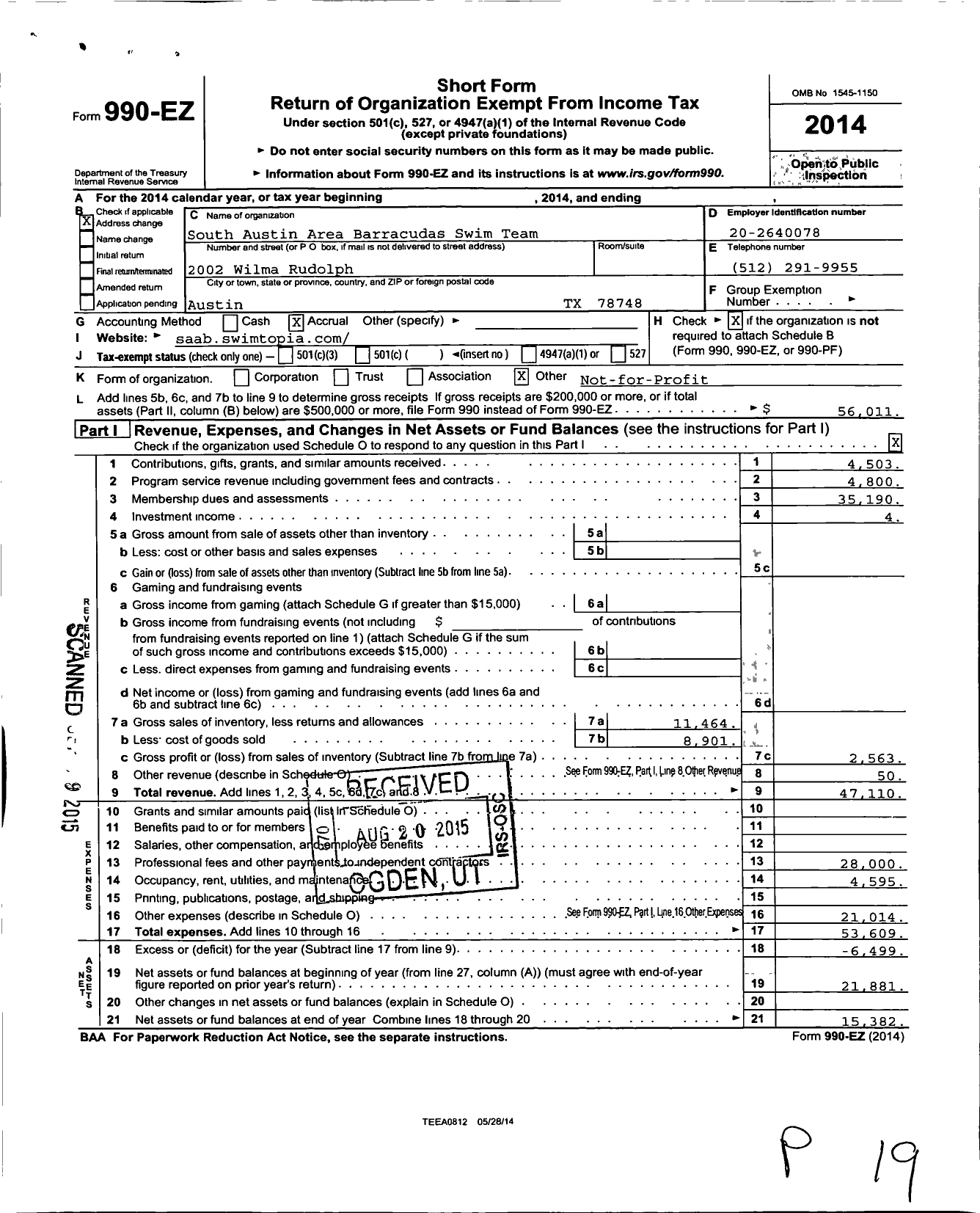 Image of first page of 2014 Form 990EO for South Austin Area Barracudas (SAAB)
