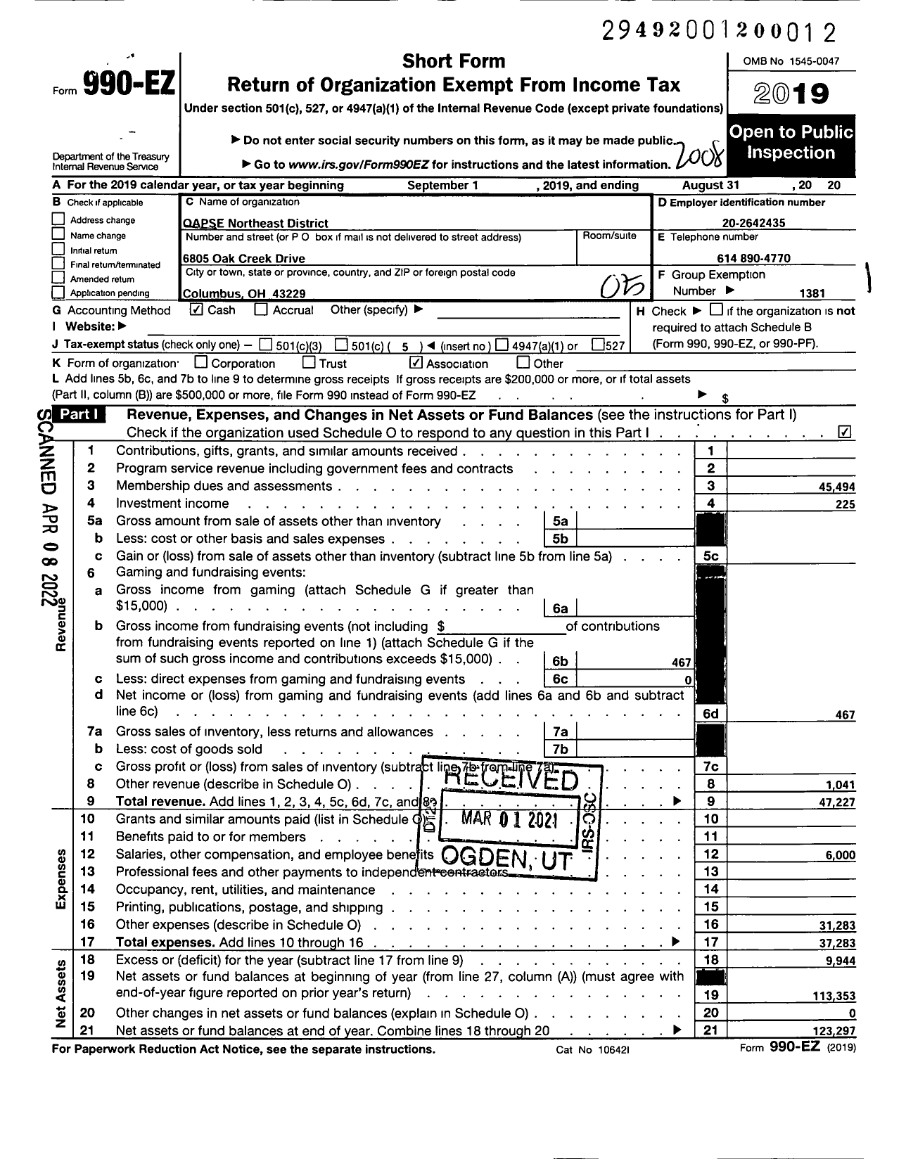 Image of first page of 2019 Form 990EO for AMERICAN FEDERATION OF STATE COUNTY & MUNICIPAL EMPLOYEES - 4 Oh Loc CHP Loc Ne District