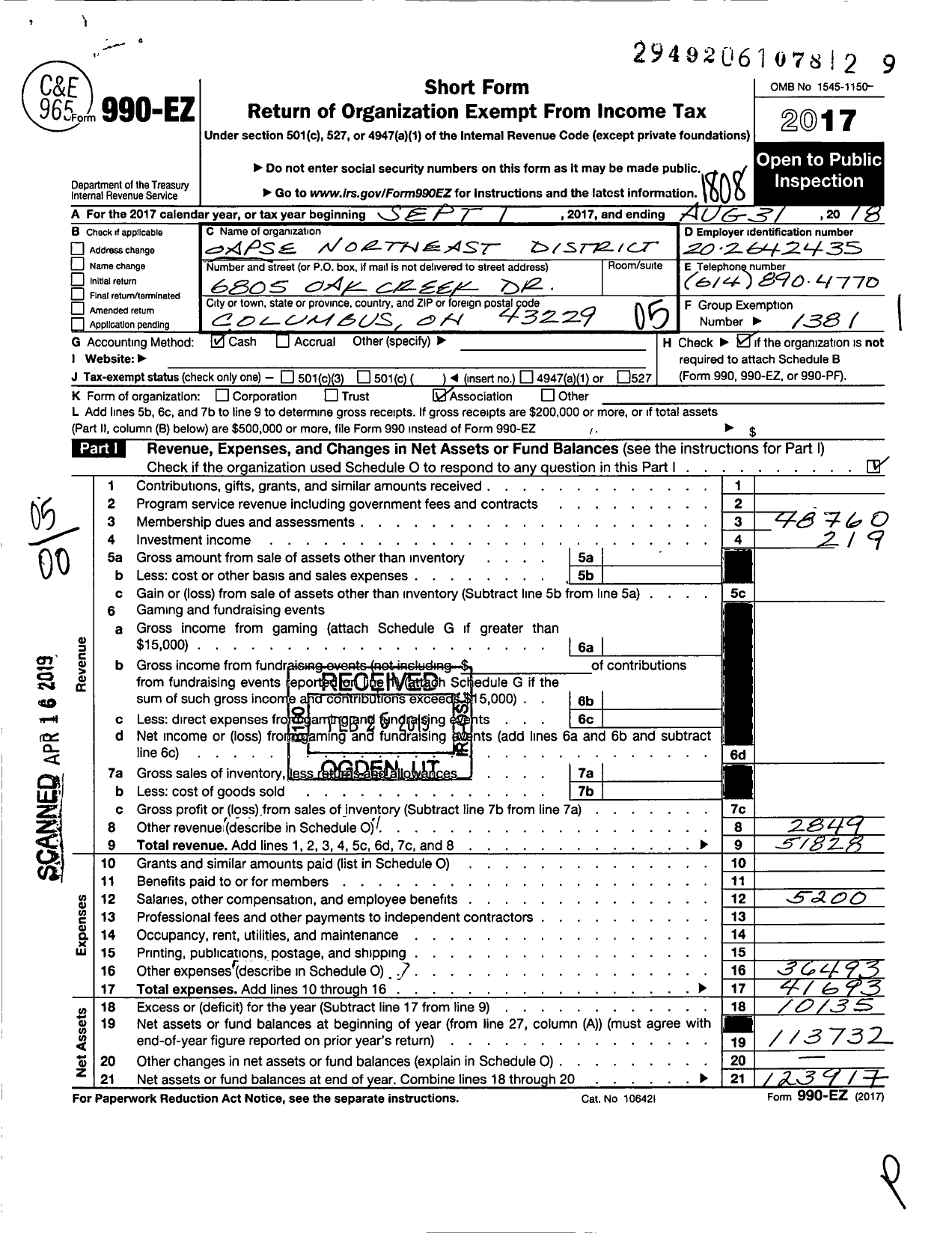 Image of first page of 2017 Form 990EO for AMERICAN FEDERATION OF STATE COUNTY & MUNICIPAL EMPLOYEES - 4 Oh Loc CHP Loc Ne District