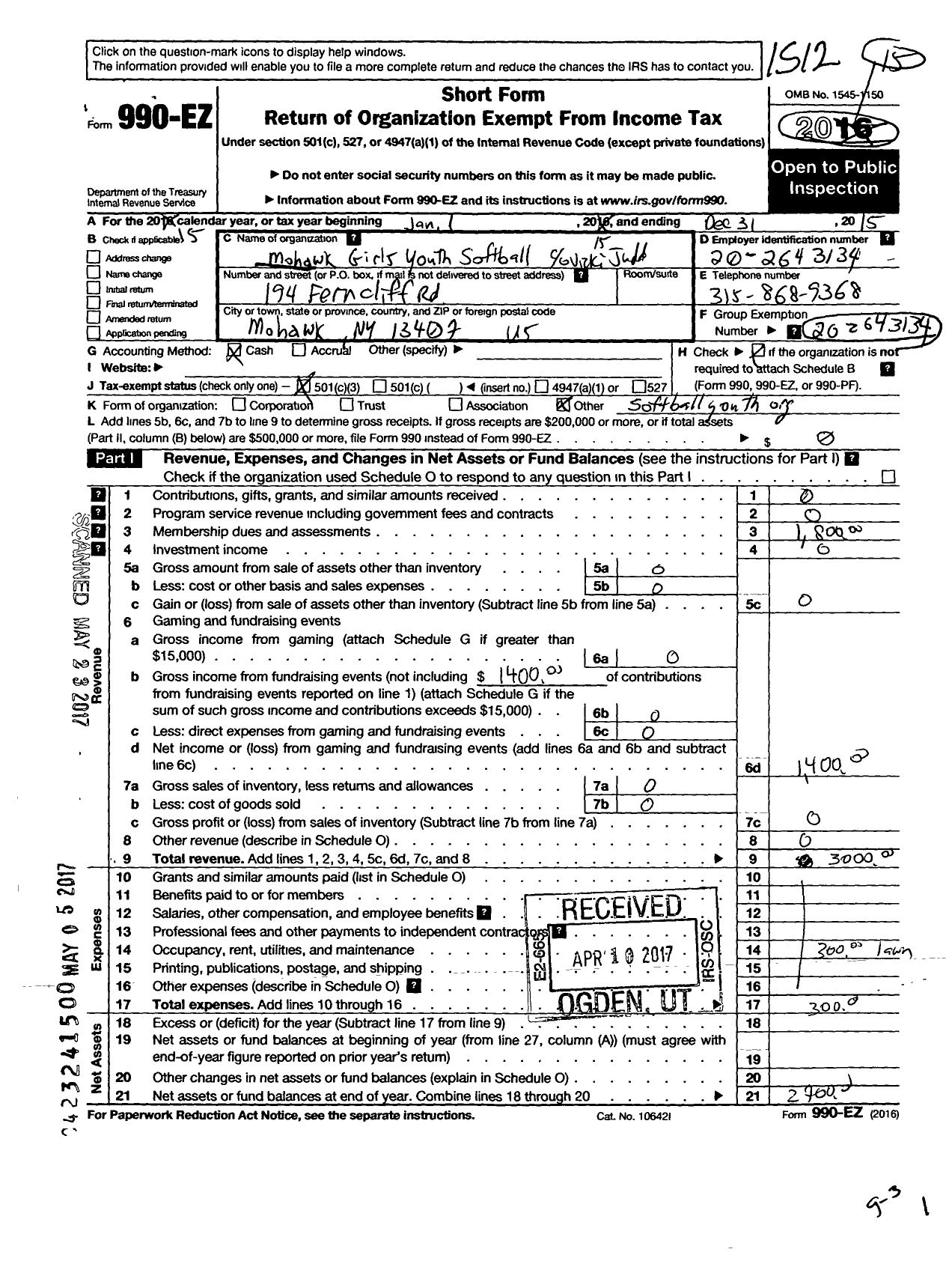 Image of first page of 2015 Form 990EZ for Mohawk Girls Youth Softball