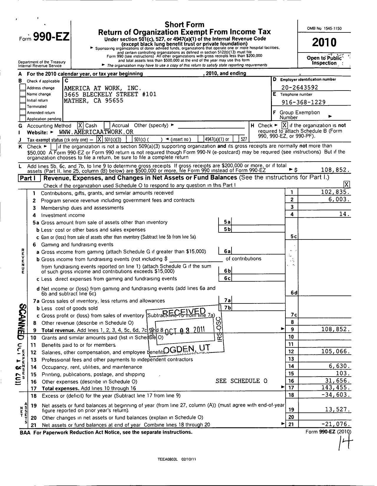 Image of first page of 2010 Form 990EZ for America at Work