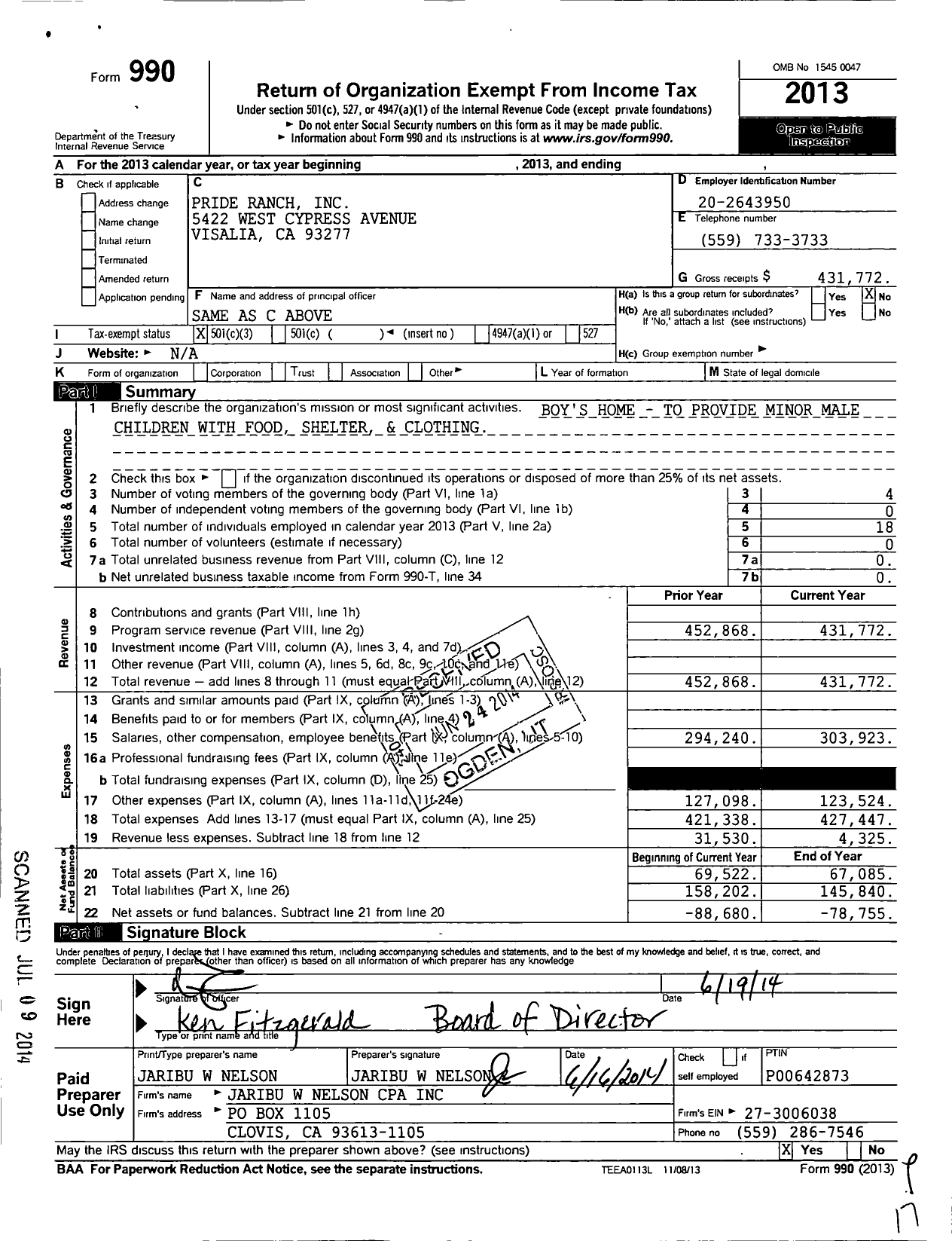 Image of first page of 2013 Form 990 for Pride Ranch