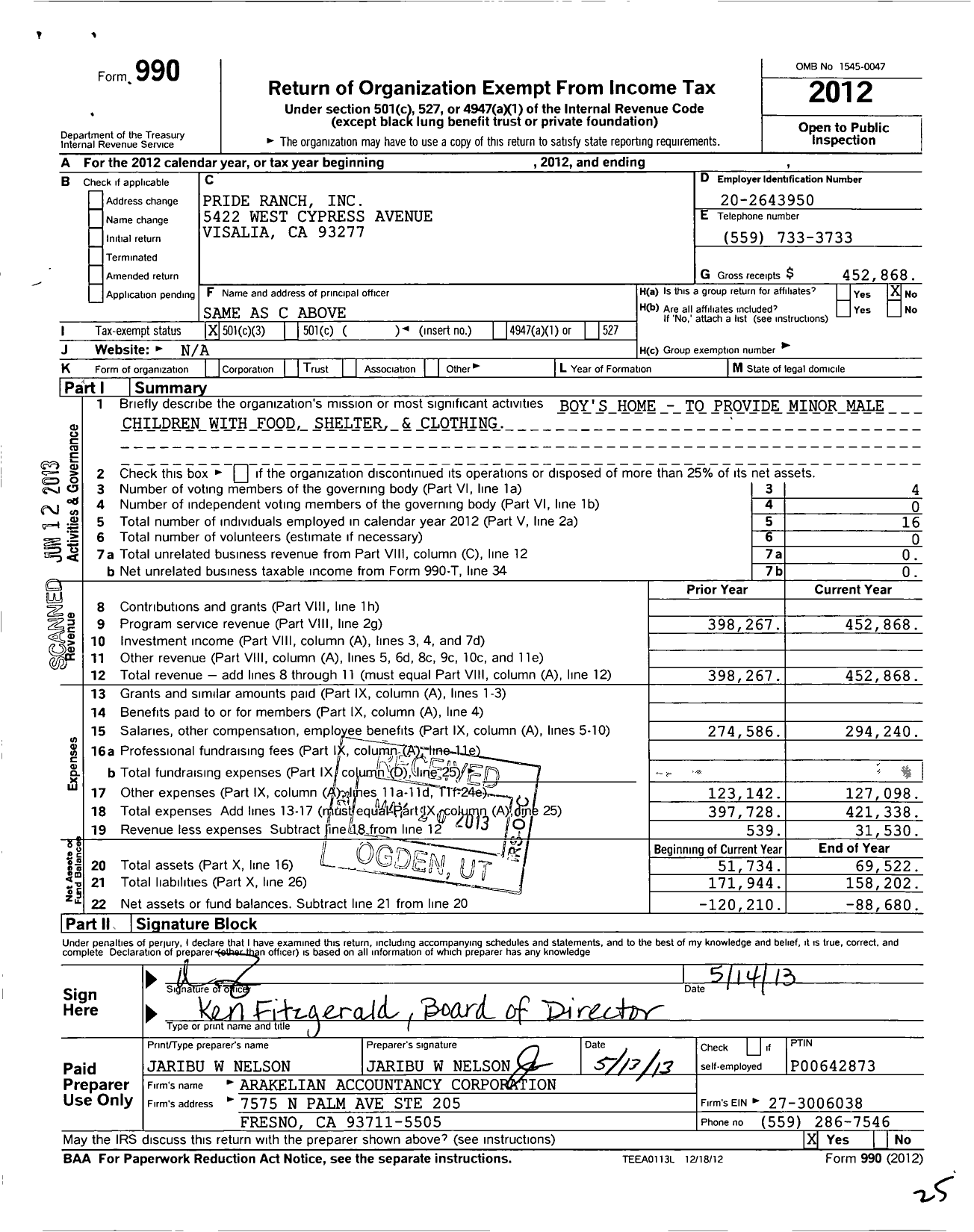 Image of first page of 2012 Form 990 for Pride Ranch