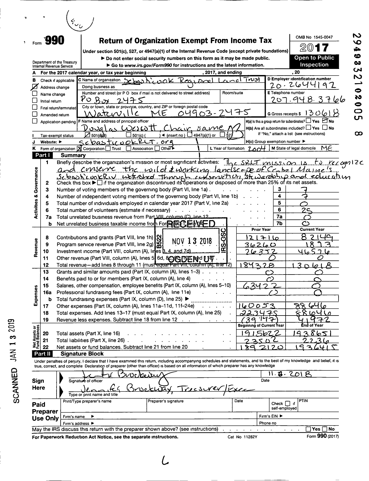 Image of first page of 2017 Form 990 for Sebasticook Regional Land Trust