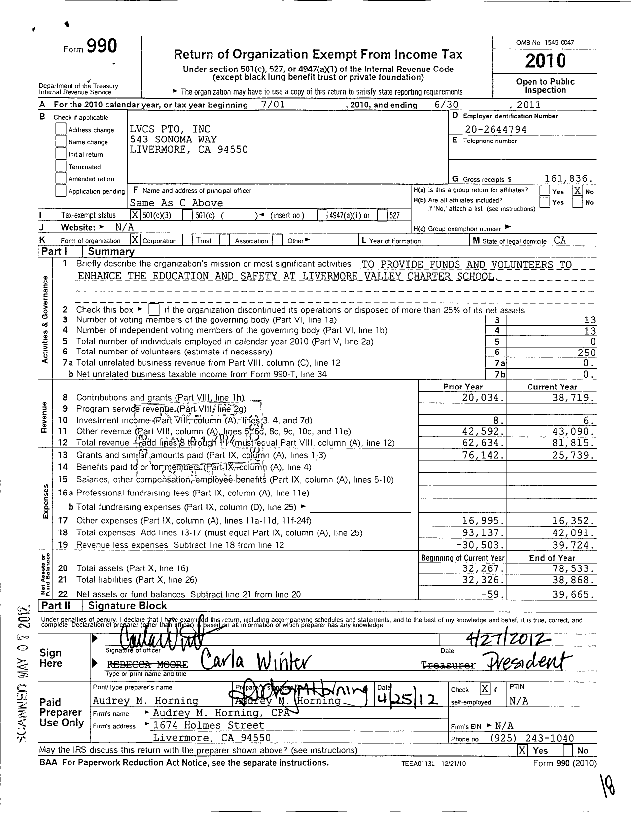 Image of first page of 2010 Form 990 for LVCS Pto