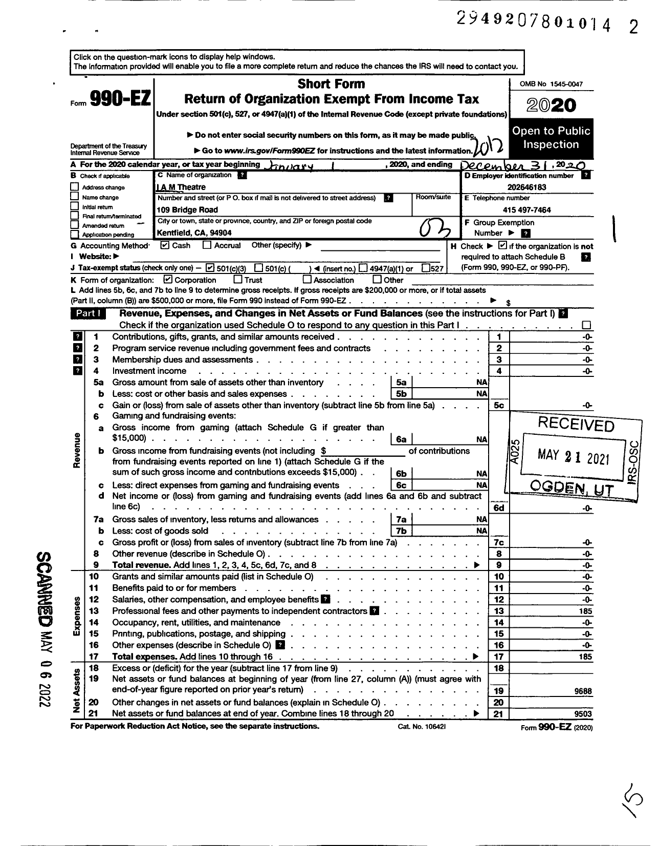 Image of first page of 2020 Form 990EZ for I A M Theatre