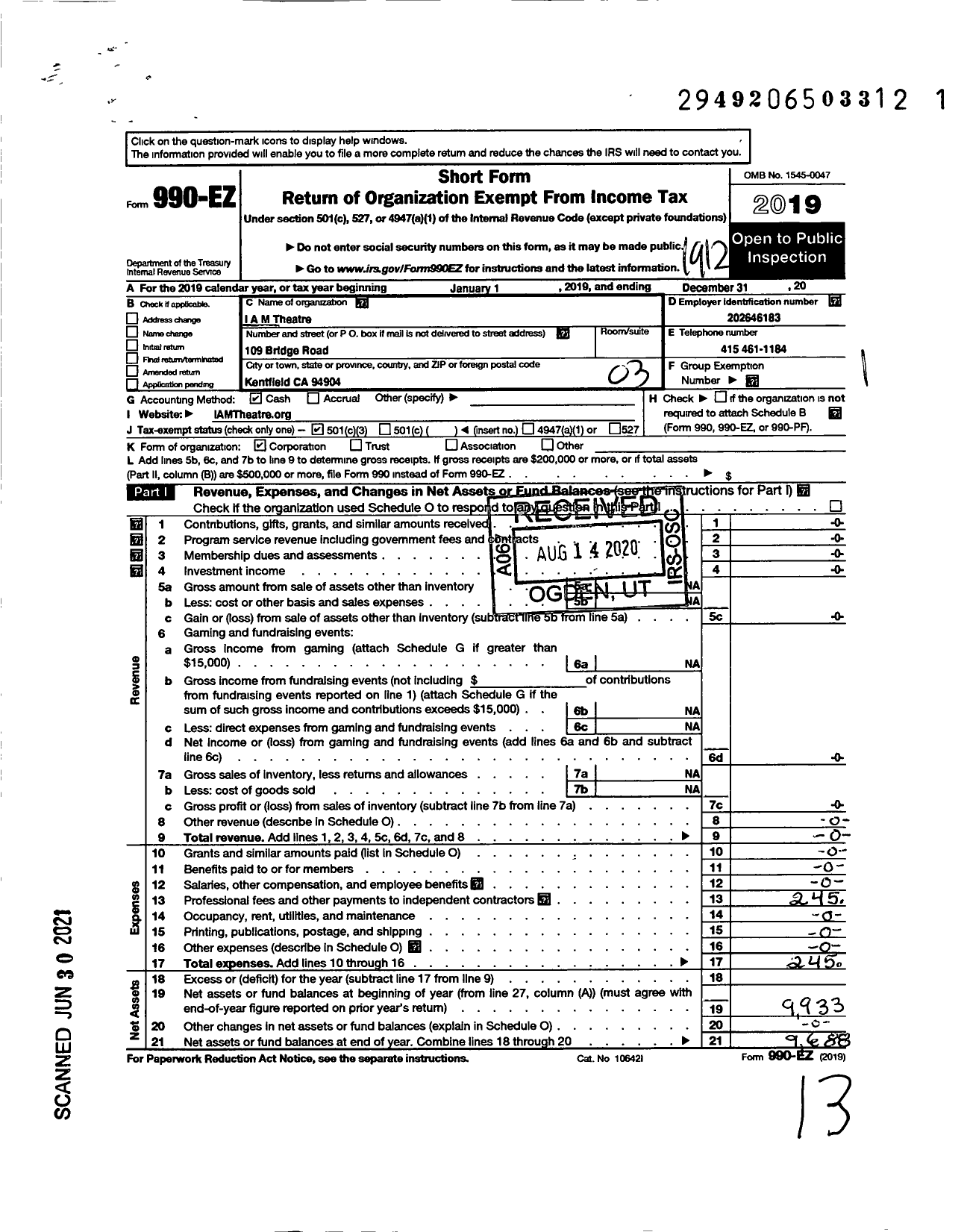 Image of first page of 2019 Form 990EZ for I A M Theatre