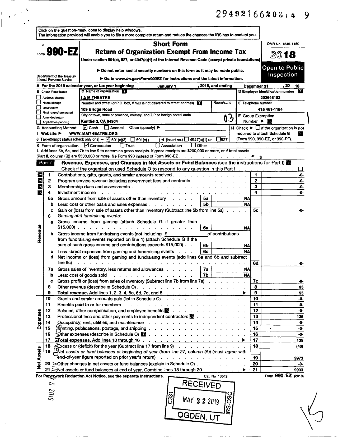 Image of first page of 2018 Form 990EZ for I A M Theatre