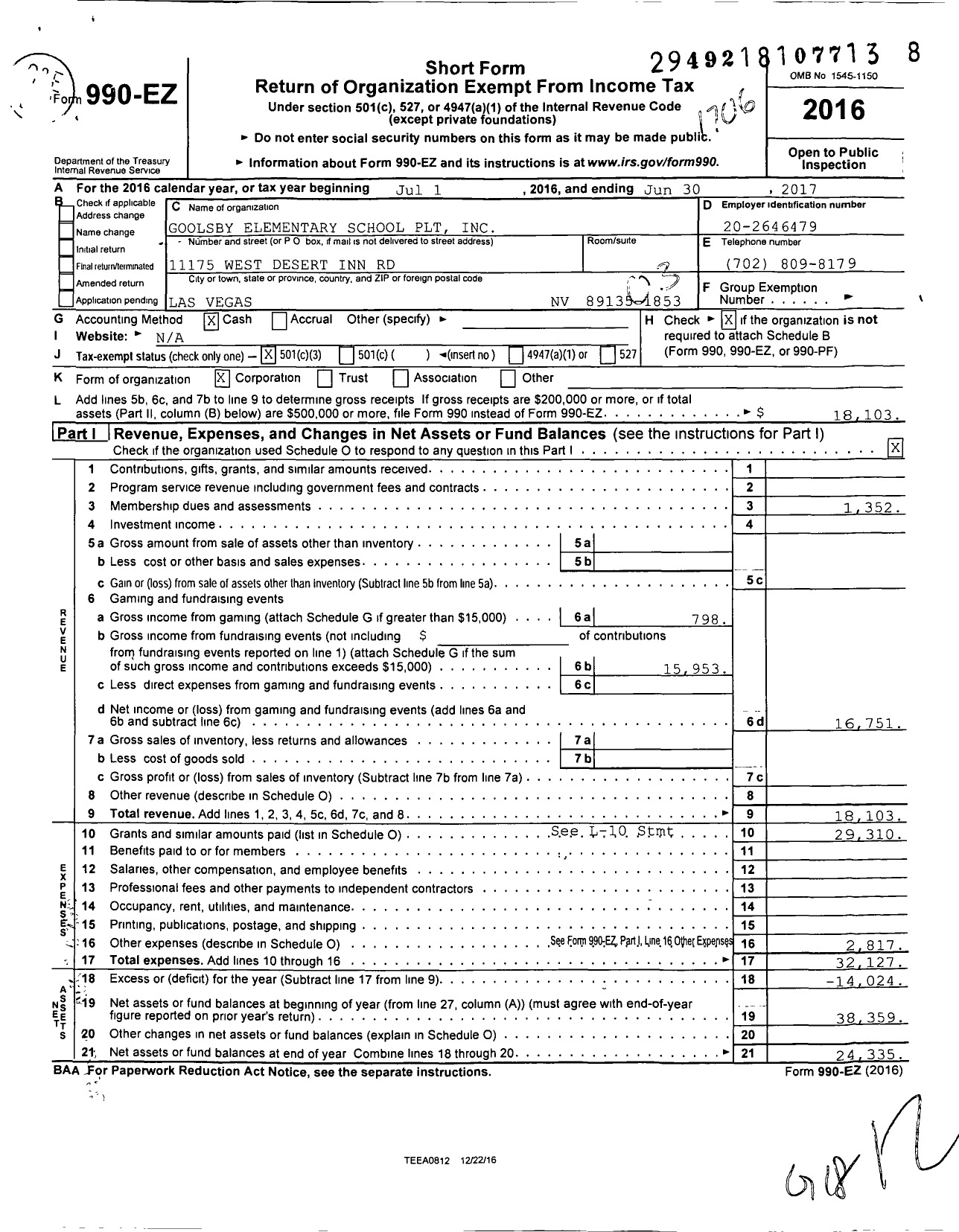 Image of first page of 2016 Form 990EZ for Goolsby Elementary School PLT