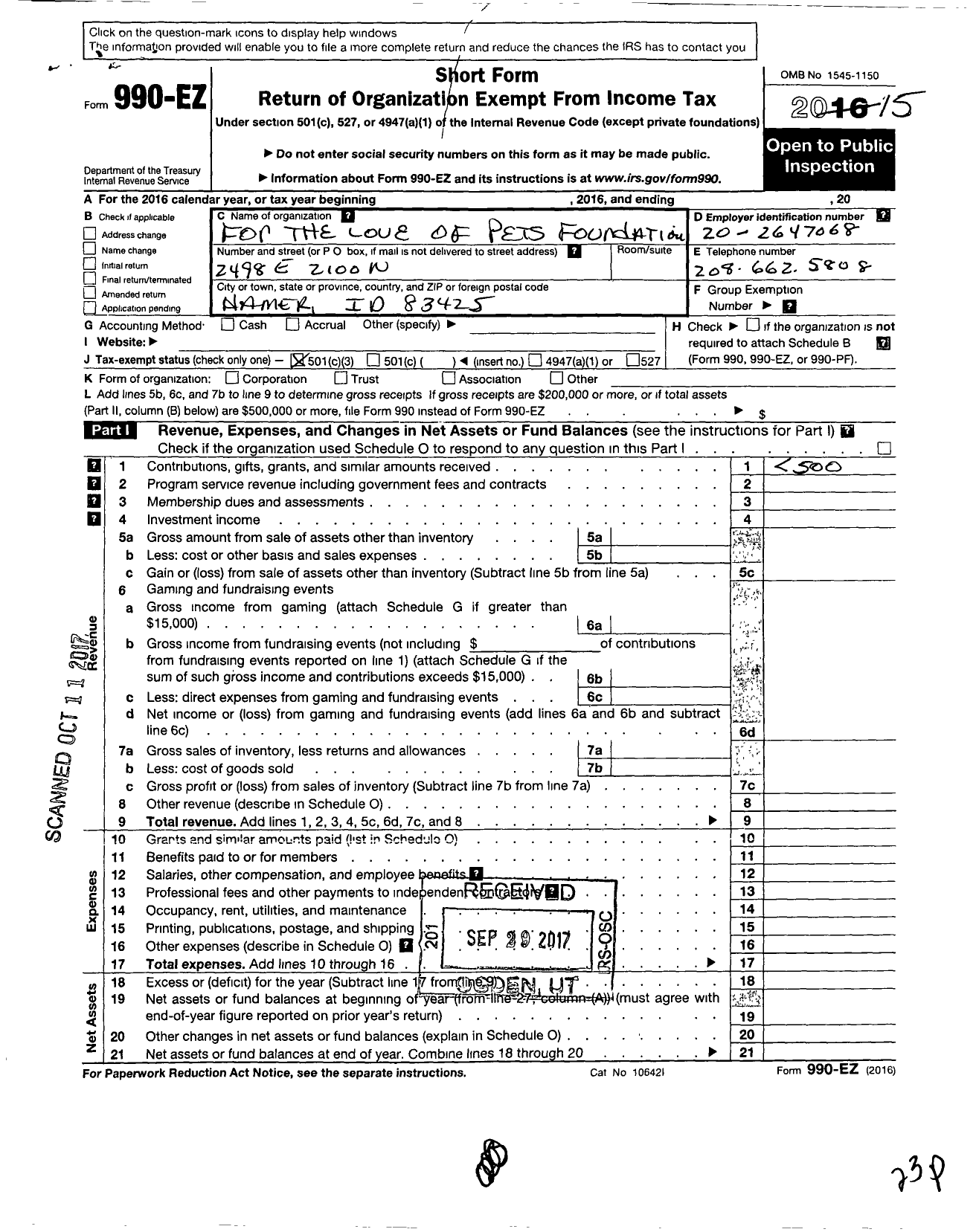 Image of first page of 2015 Form 990EZ for For the Love of Pets Foundation Incorporated