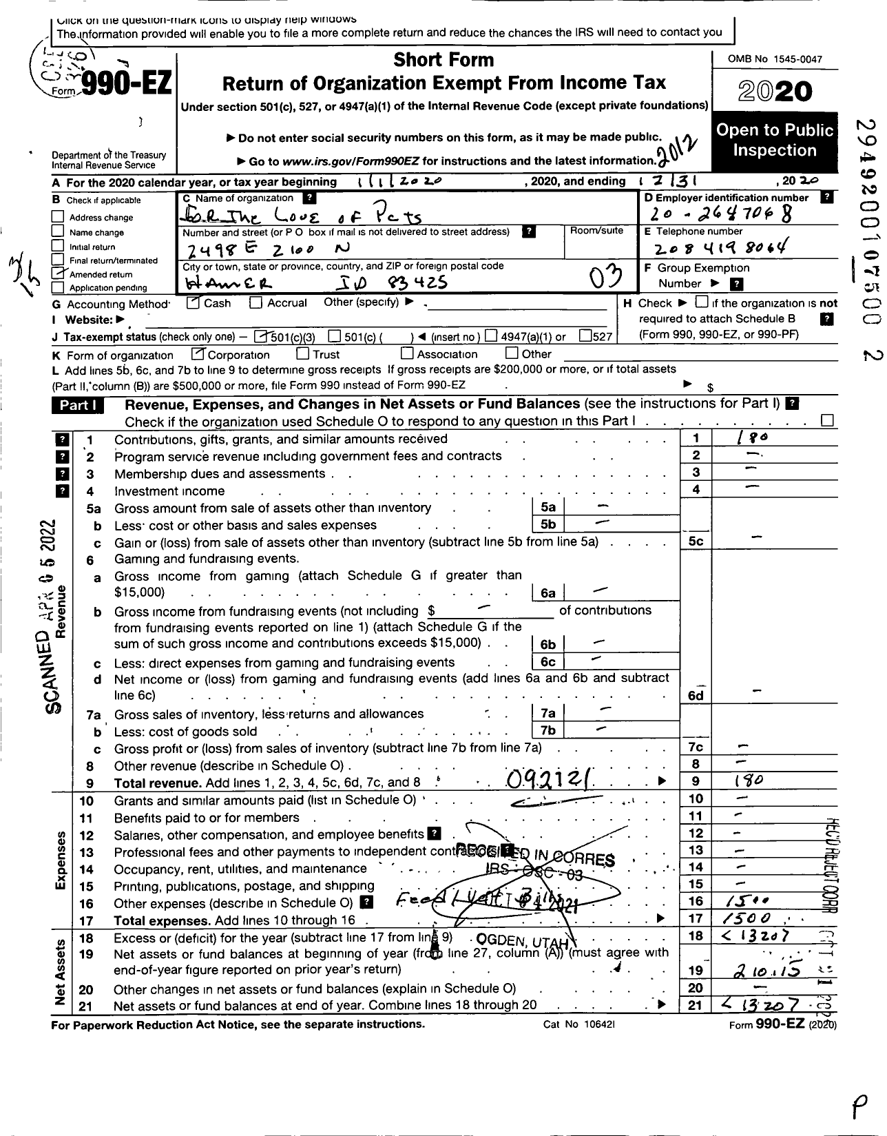 Image of first page of 2020 Form 990EZ for For the Love of Pets Foundation Incorporated