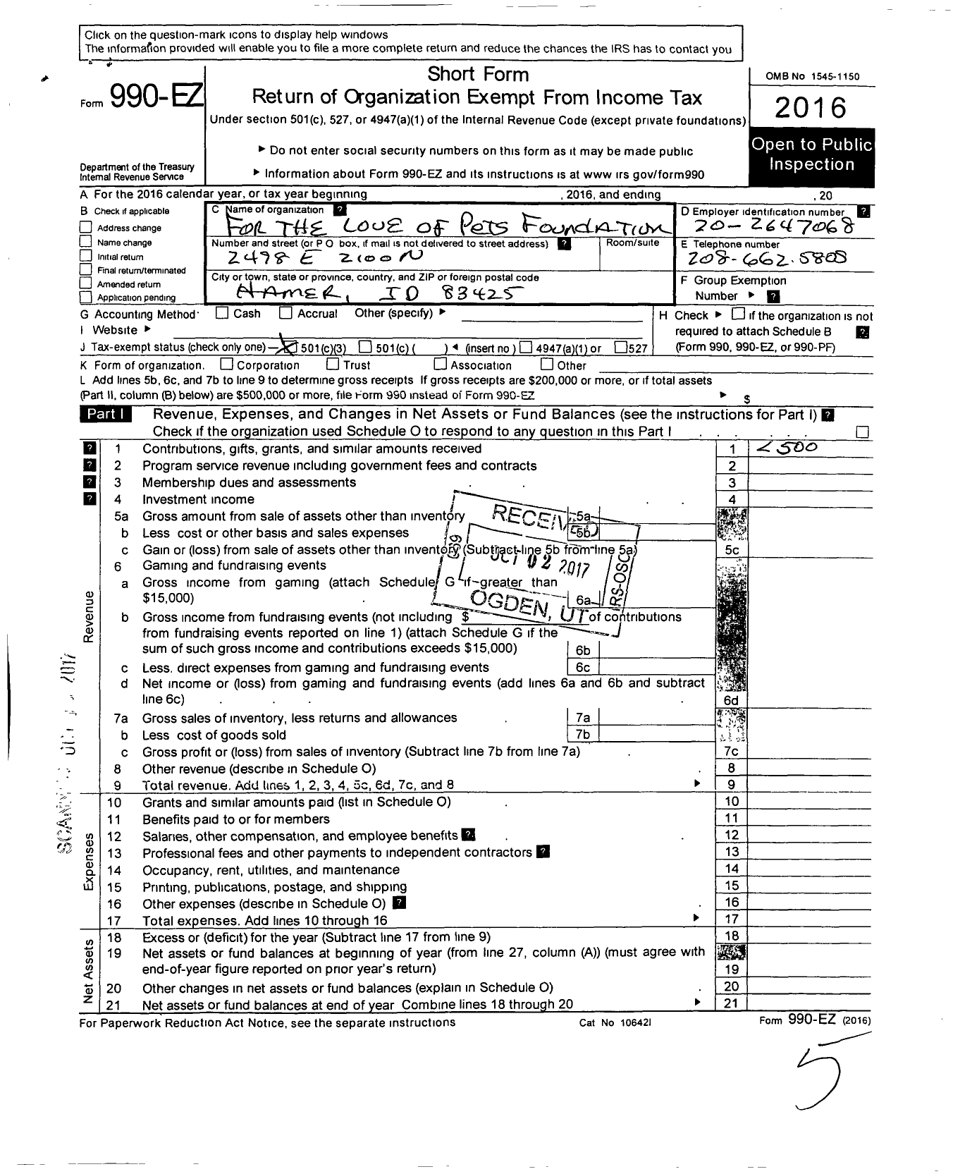 Image of first page of 2016 Form 990EZ for For the Love of Pets Foundation Incorporated