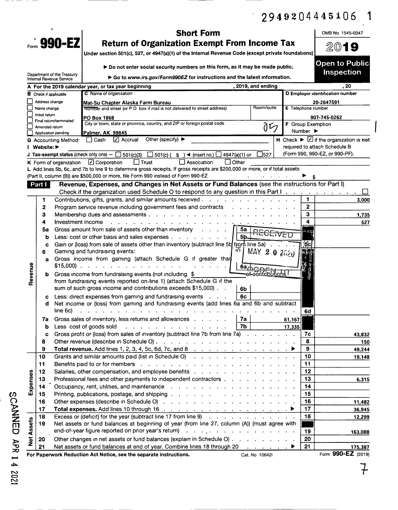 Image of first page of 2019 Form 990EO for Mat-Su Chapter Alaska Farm Bureau