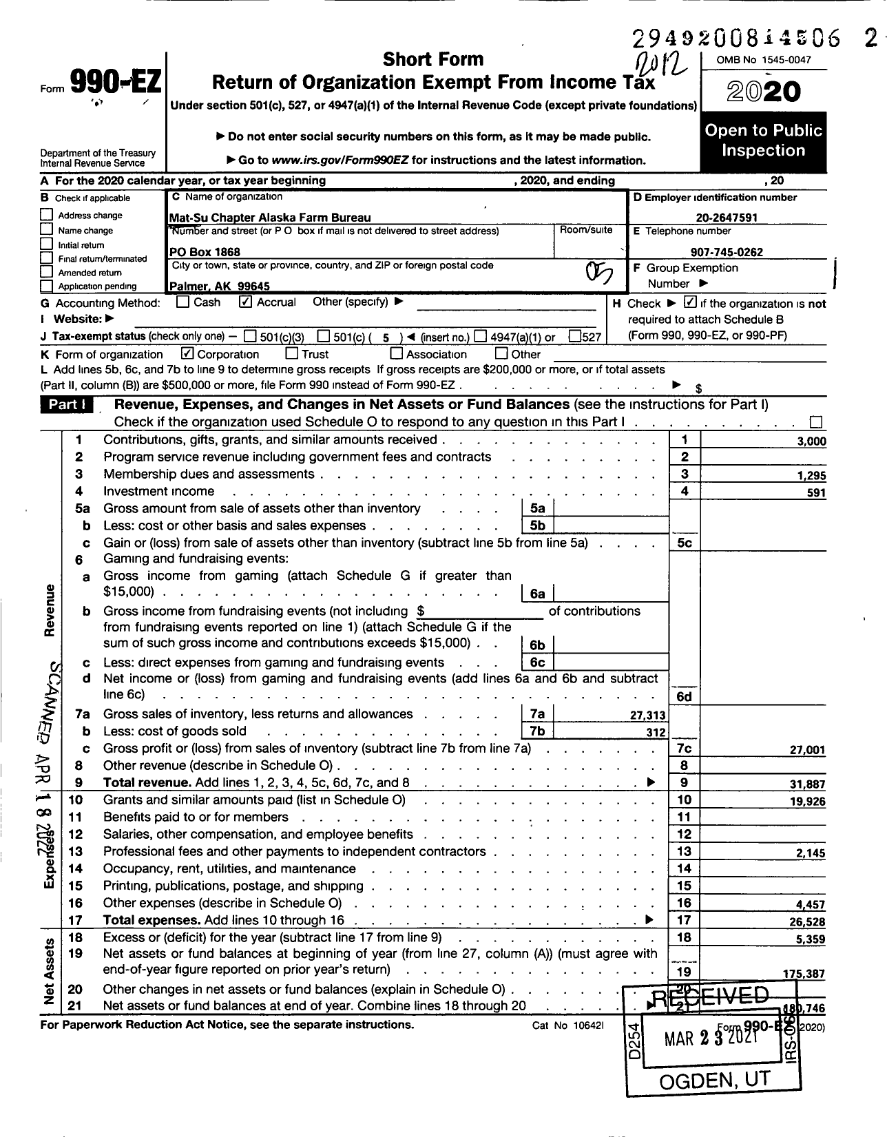 Image of first page of 2020 Form 990EO for Mat-Su Chapter Alaska Farm Bureau