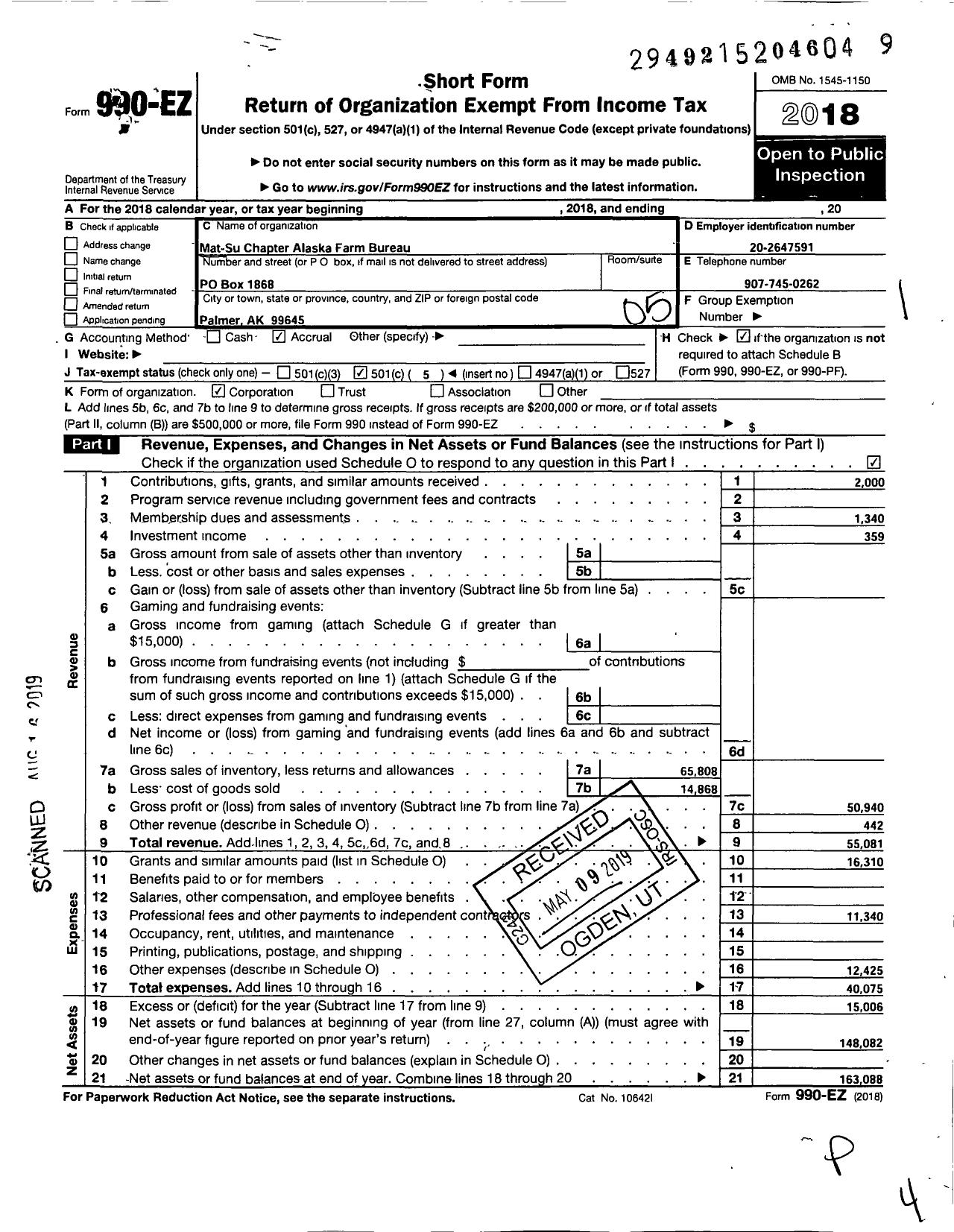 Image of first page of 2018 Form 990EO for Mat-Su Chapter Alaska Farm Bureau