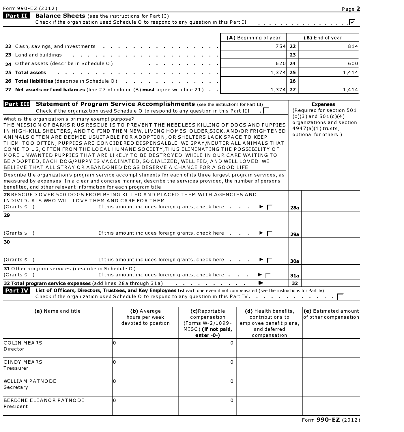 Image of first page of 2012 Form 990EZ for Barks R Us Rescue