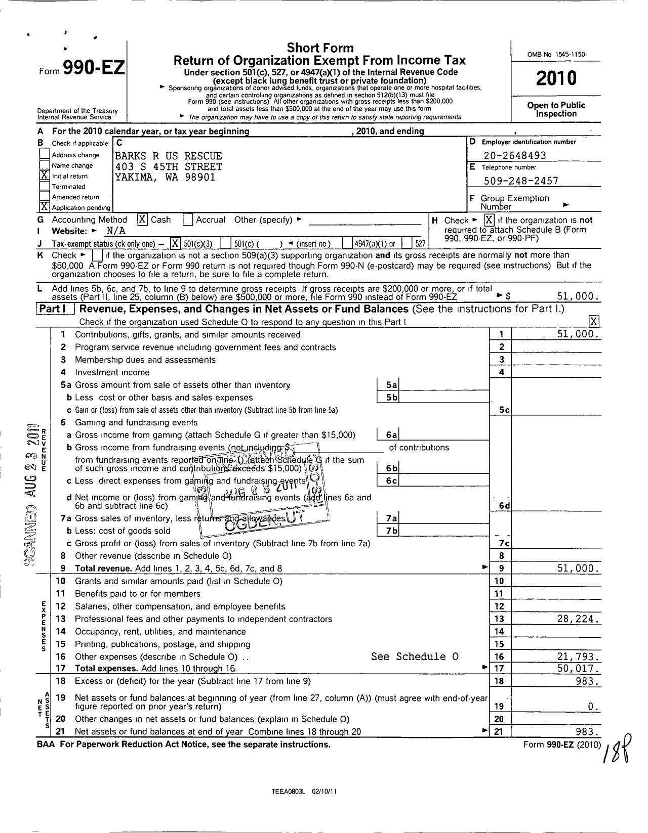 Image of first page of 2010 Form 990EZ for Barks R Us Rescue