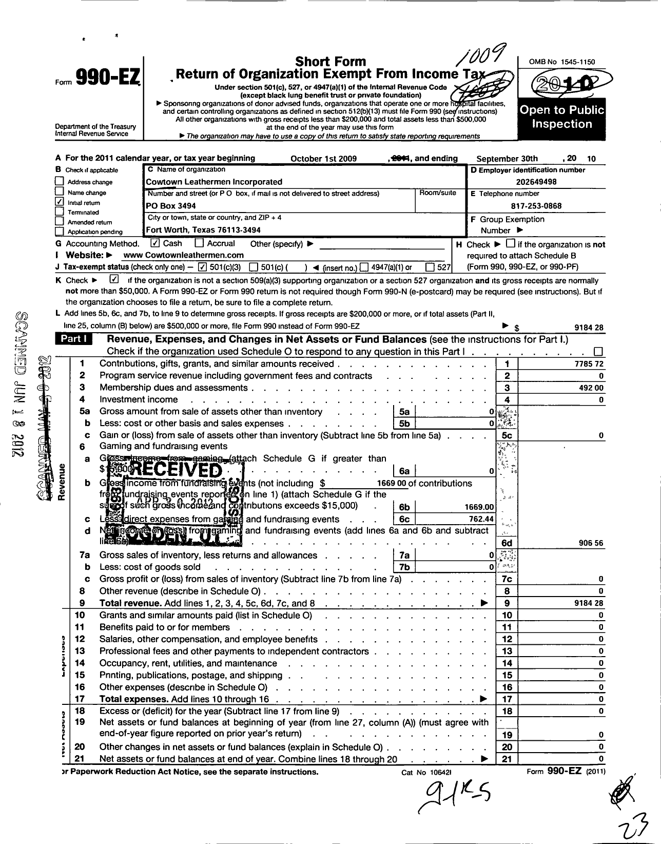 Image of first page of 2009 Form 990EZ for Cowtown Leathermen Incorporated