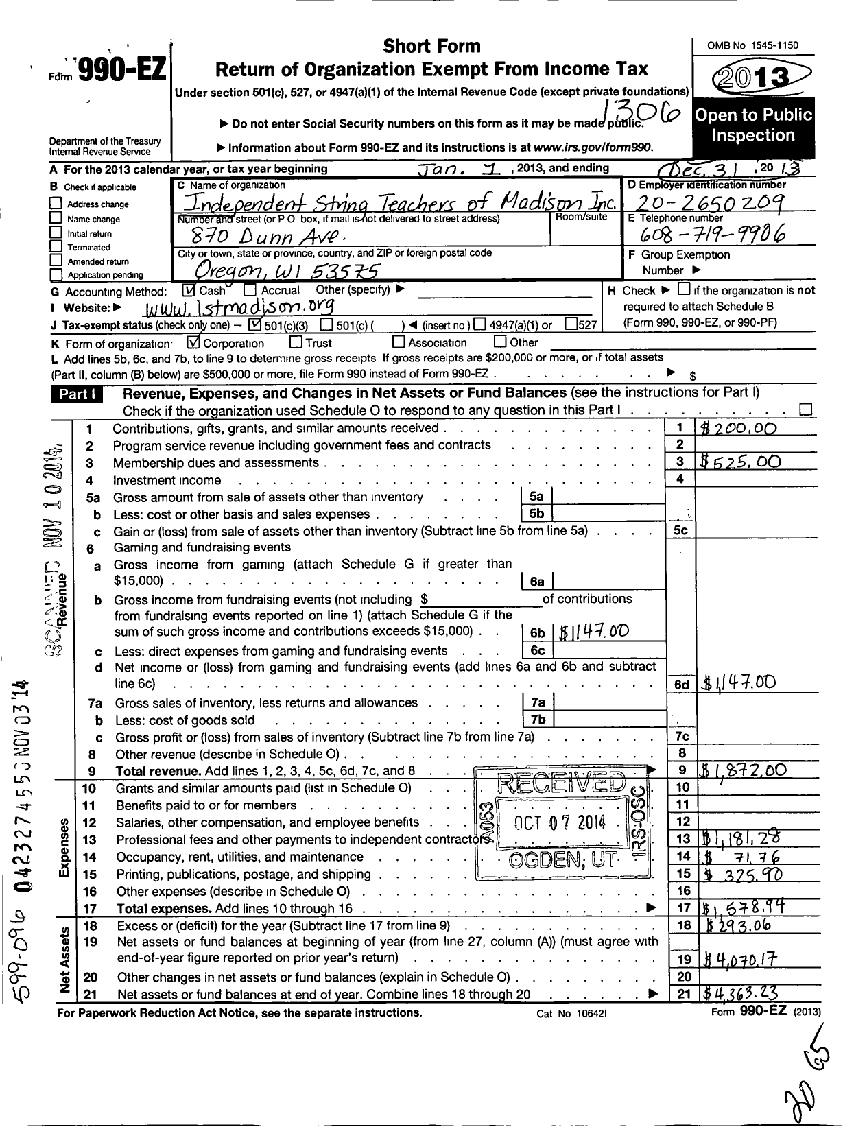 Image of first page of 2012 Form 990EZ for Independent String Teachers of Madison