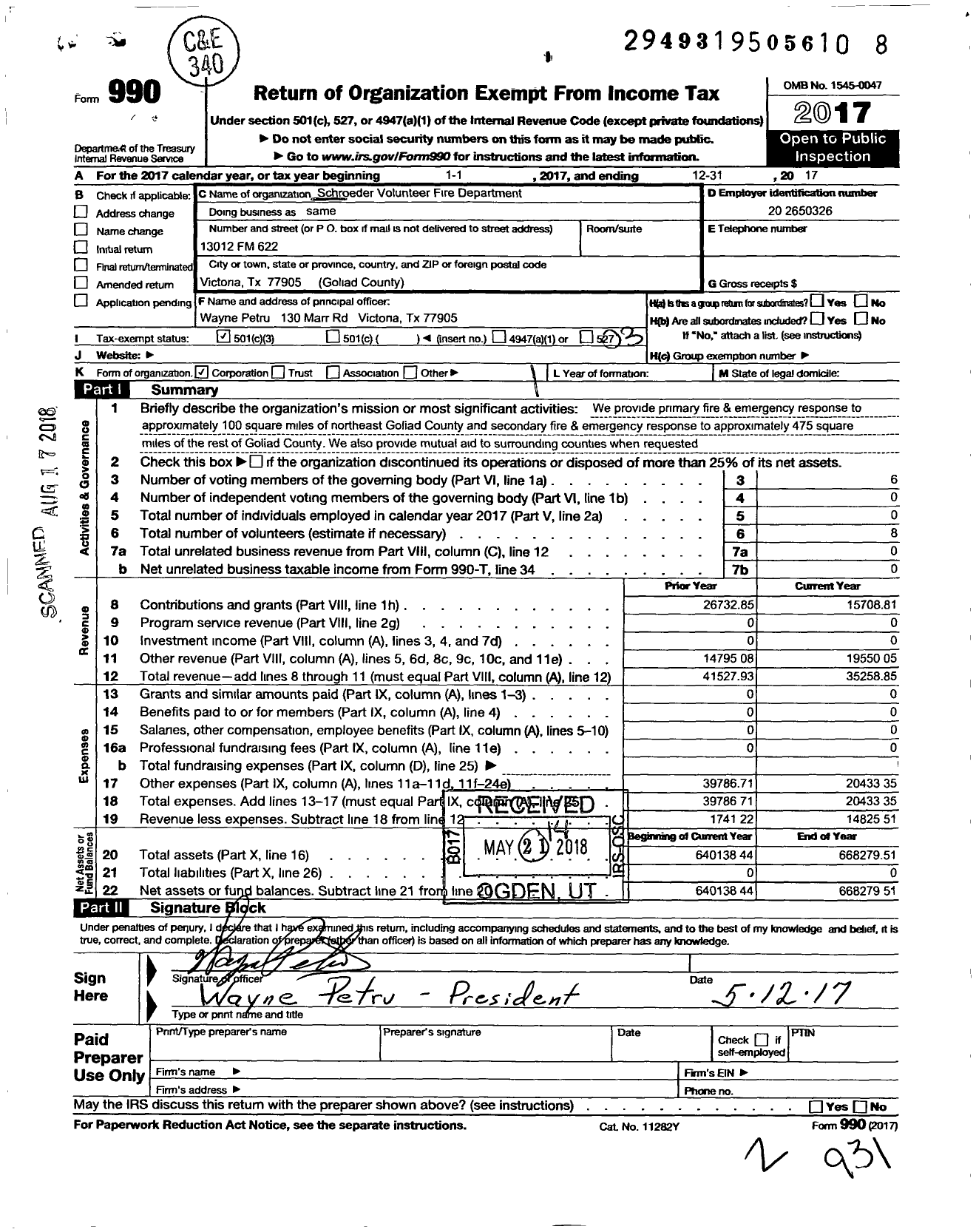 Image of first page of 2017 Form 990 for Schroeder Volunteer Fire Department