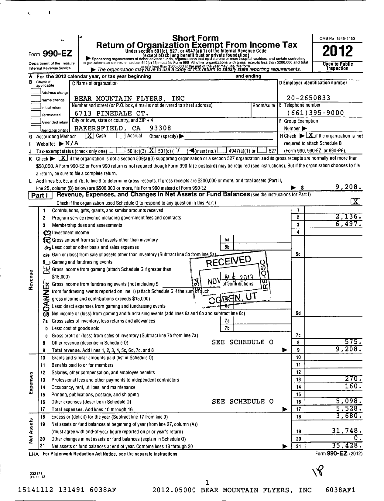 Image of first page of 2012 Form 990EO for Bear Mountain Flyers