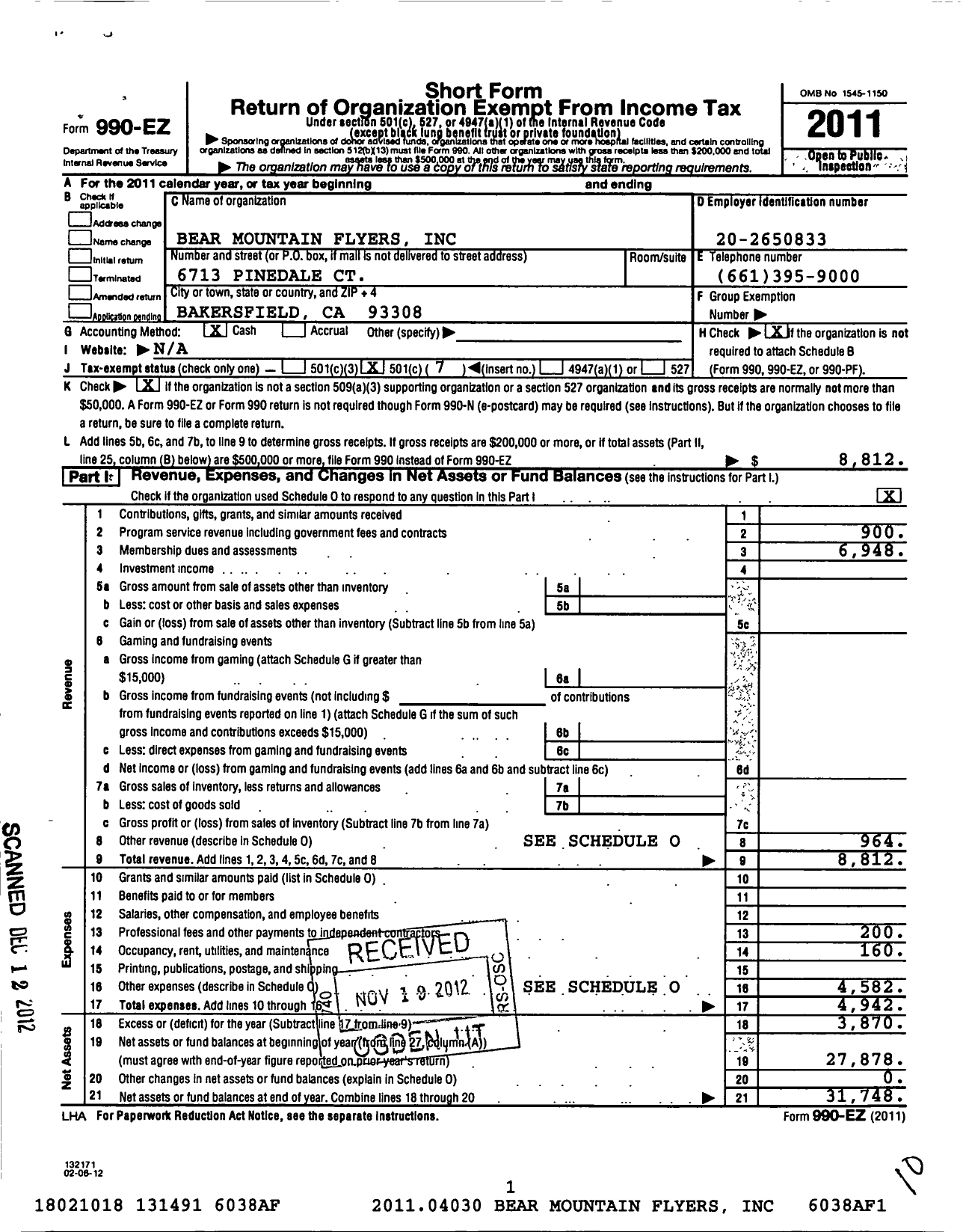 Image of first page of 2011 Form 990EO for Bear Mountain Flyers