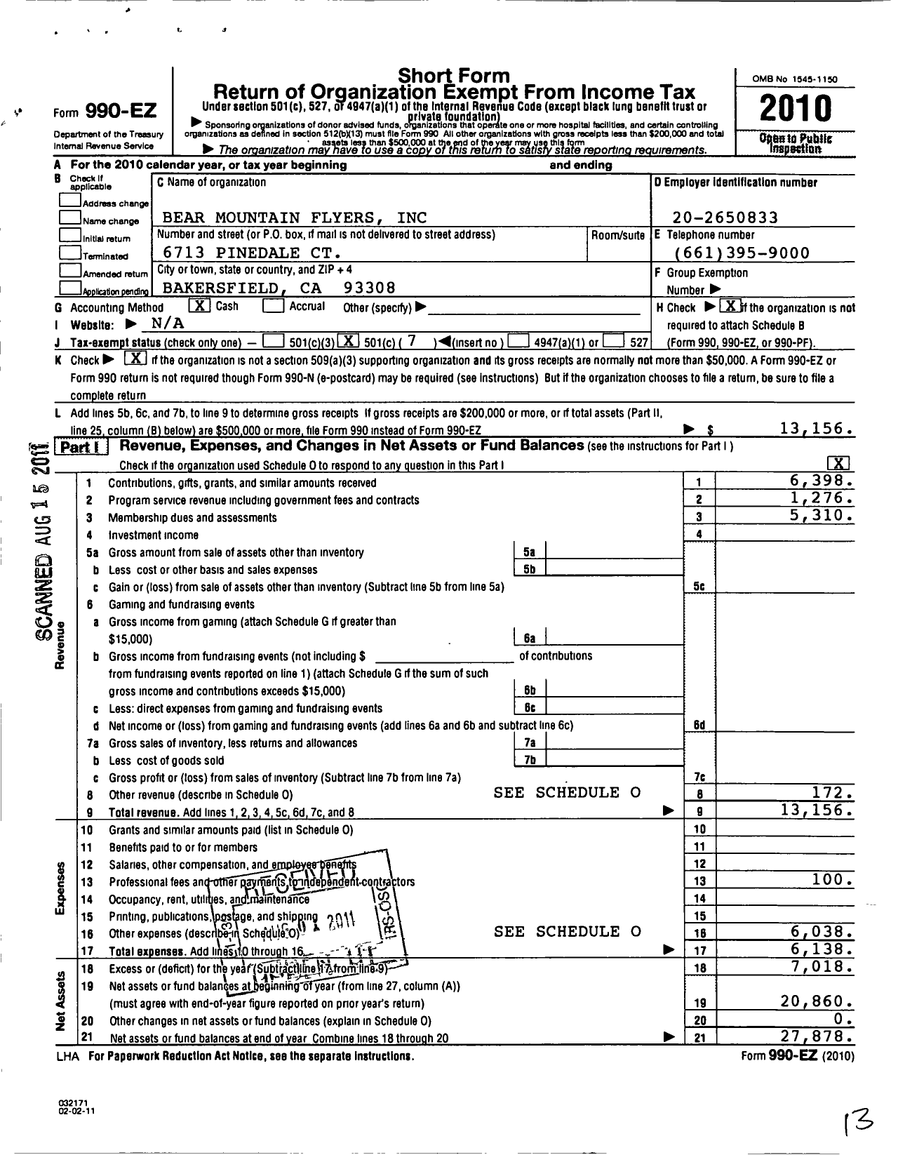 Image of first page of 2010 Form 990EO for Bear Mountain Flyers