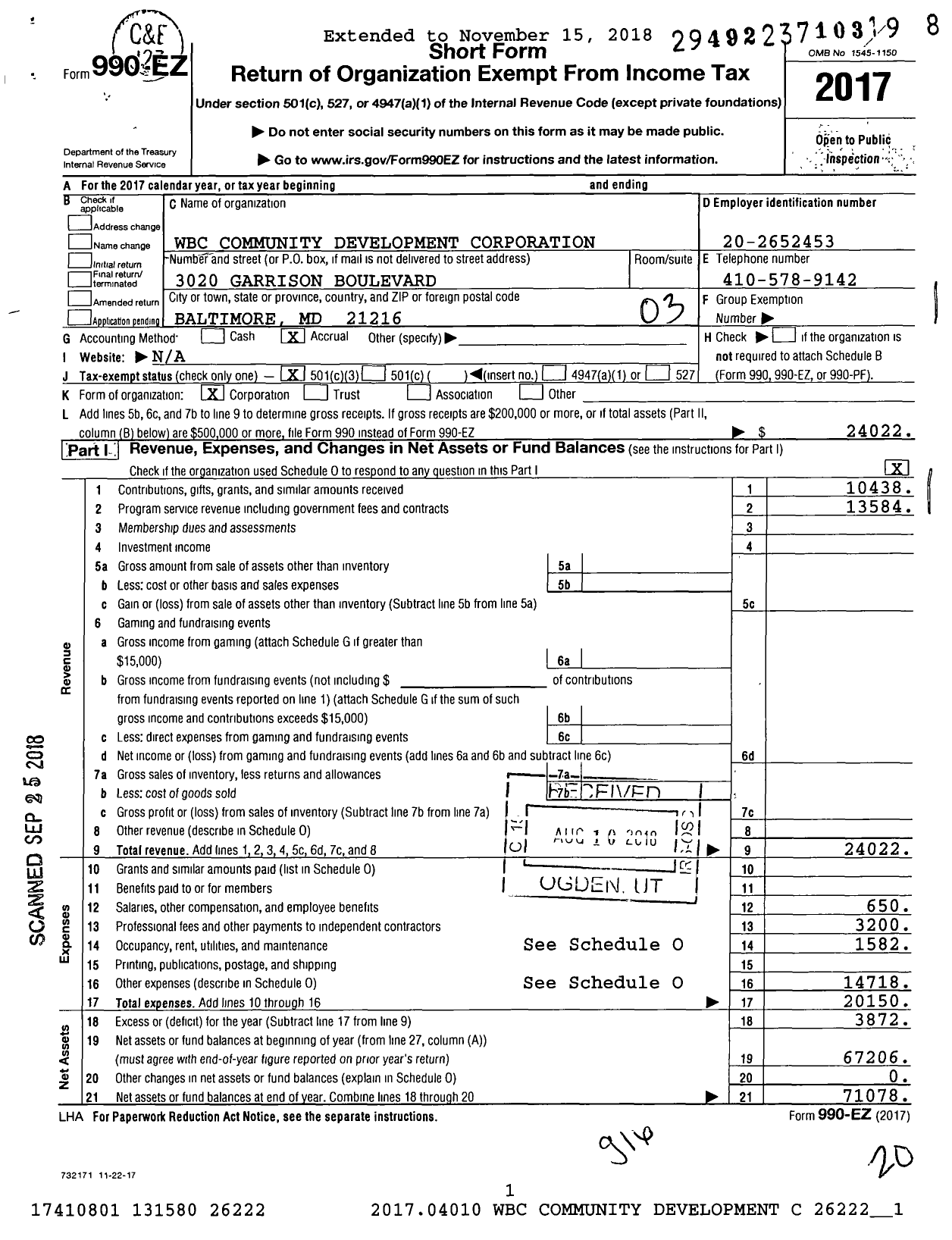 Image of first page of 2017 Form 990EZ for WBC Community Development Corporation