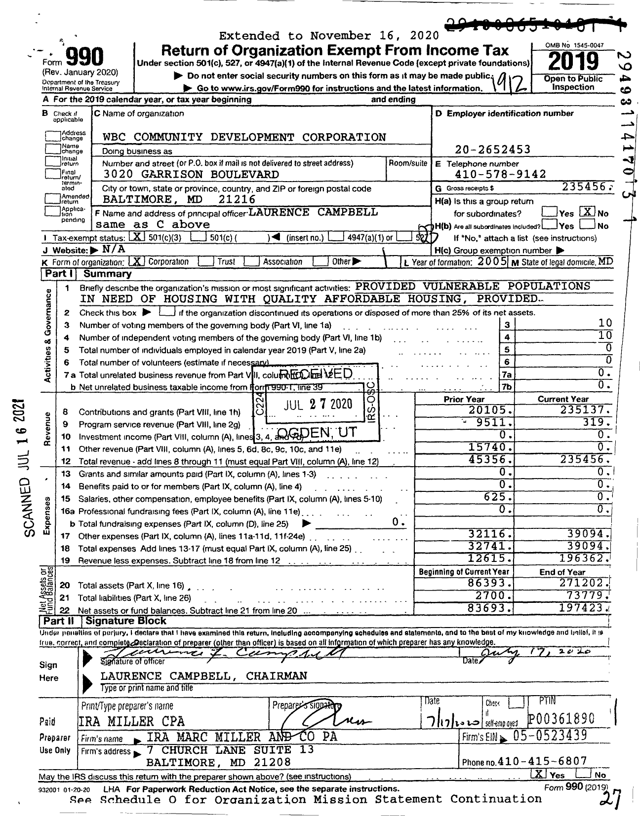 Image of first page of 2019 Form 990 for WBC Community Development Corporation